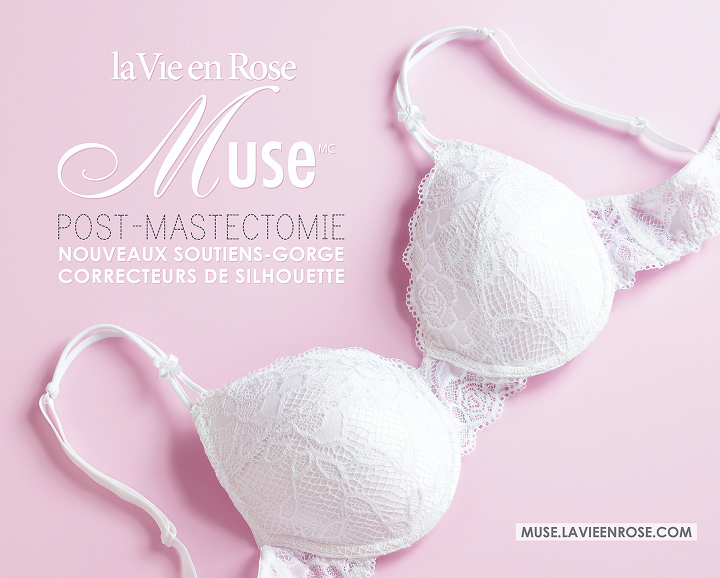 Bannière de 2010 promouvant la nouvelle collection de soutiens-gorge post-mastectomie avec un soutien-gorge blanc