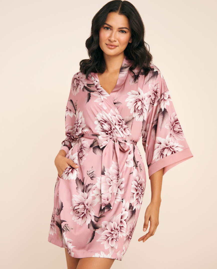 Model in pink satin floral kimono