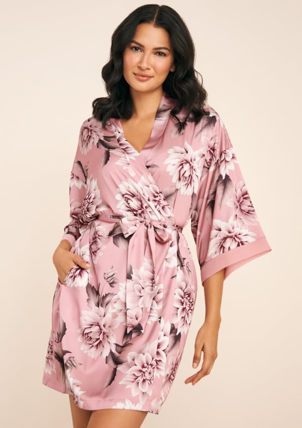 Model in pink satin floral kimono