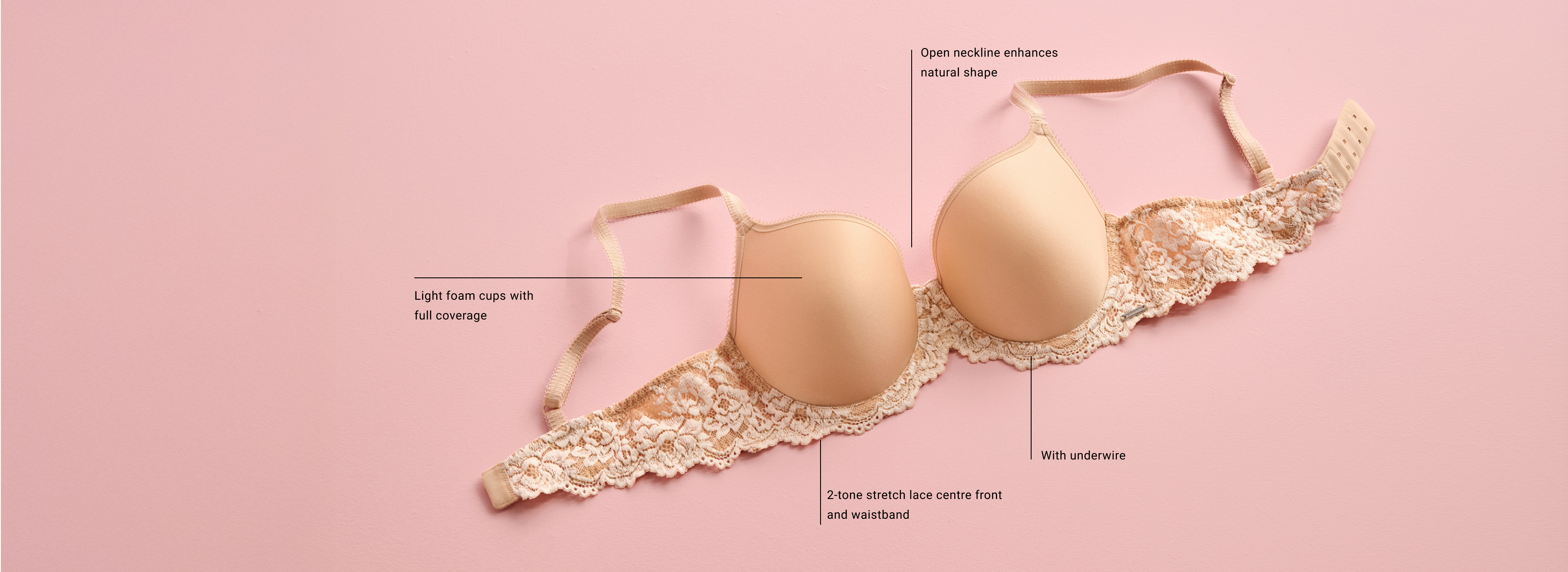 Flat lay of a contour bra with molded cups, underwire, adjustable straps, and smooth fabric, designed for comfort, shaping, and a seamless look.