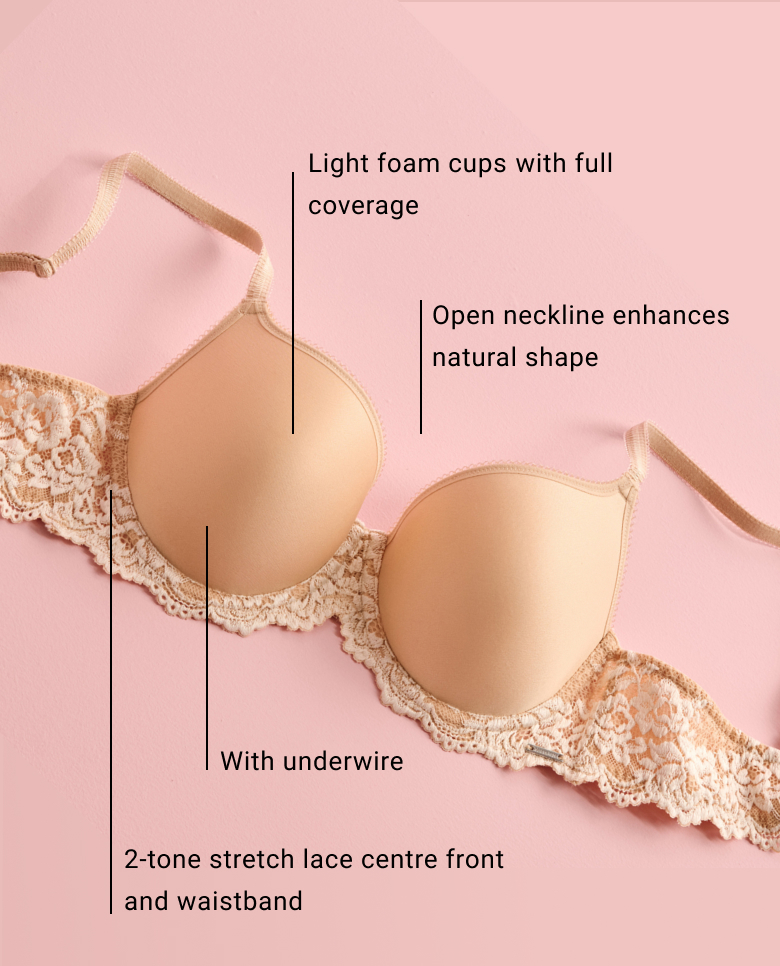 Flat lay of a contour bra with molded cups, underwire, adjustable straps, and smooth fabric, designed for comfort, shaping, and a seamless look.