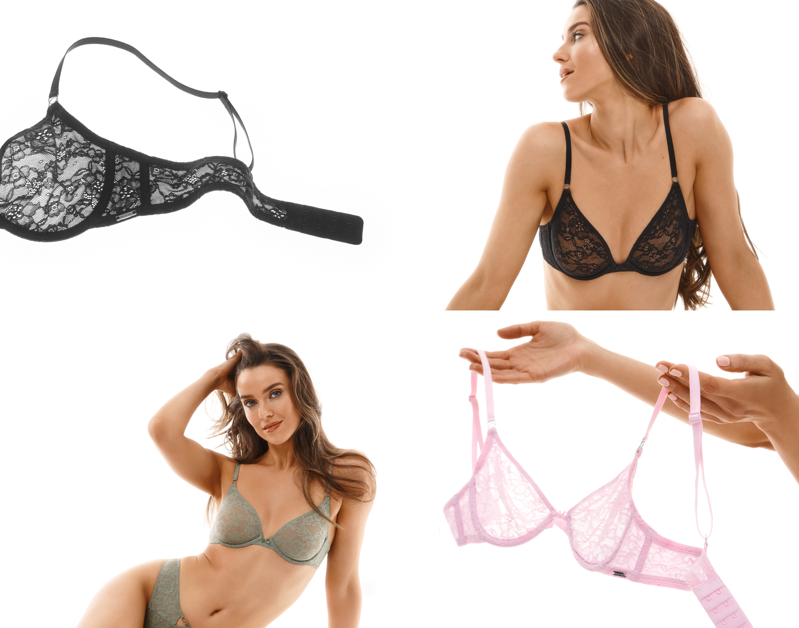 A close-up of the lace details on a black bra on the left and a model wearing it on the right. | A close-up view of the lace details on a pink bra on the right and a model wearing a green one on the left.