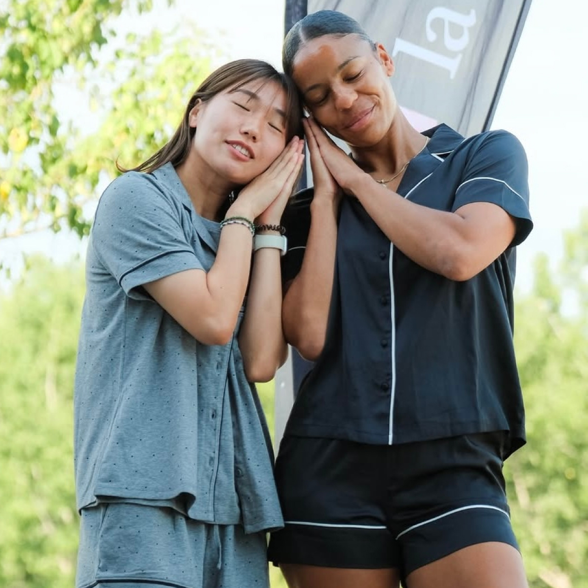 Photos from the Roses Montreal soccer match showing players wearing la Vie en Rose pajamas.