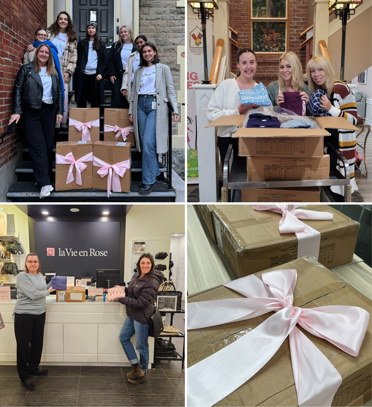 Photos from the 2024 edition of the pajama project, showing our employees with the boxes.