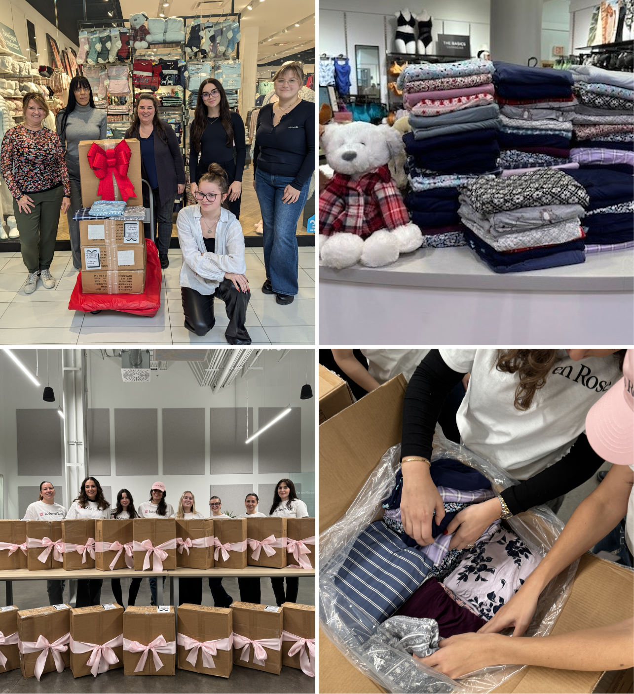 Photos from the 2024 edition of the pajama project, showing our employees with the boxes.