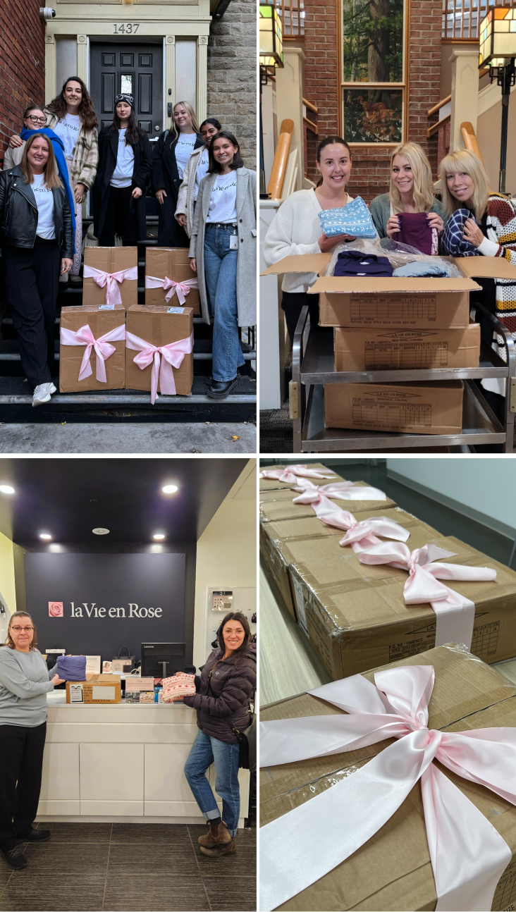 Photos from the 2024 edition of the pajama project, showing our employees with the boxes.