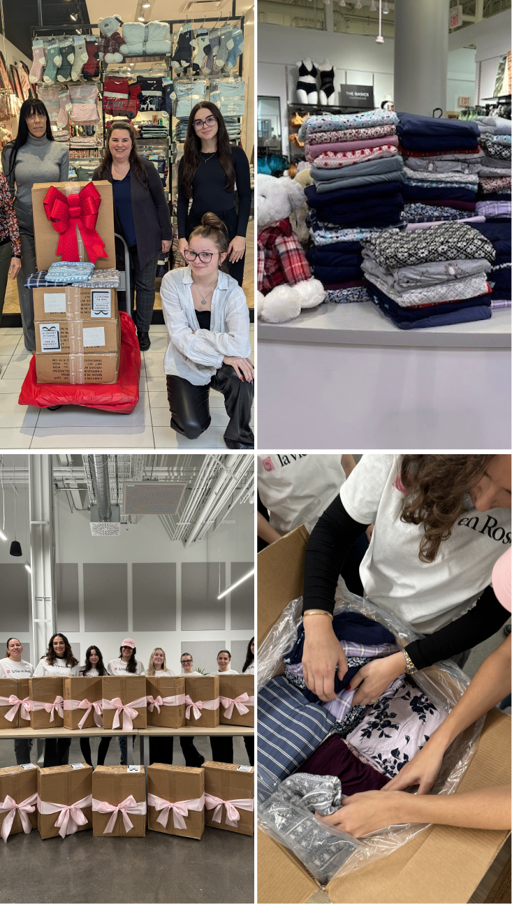 Photos from the 2024 edition of the pajama project, showing our employees with the boxes.