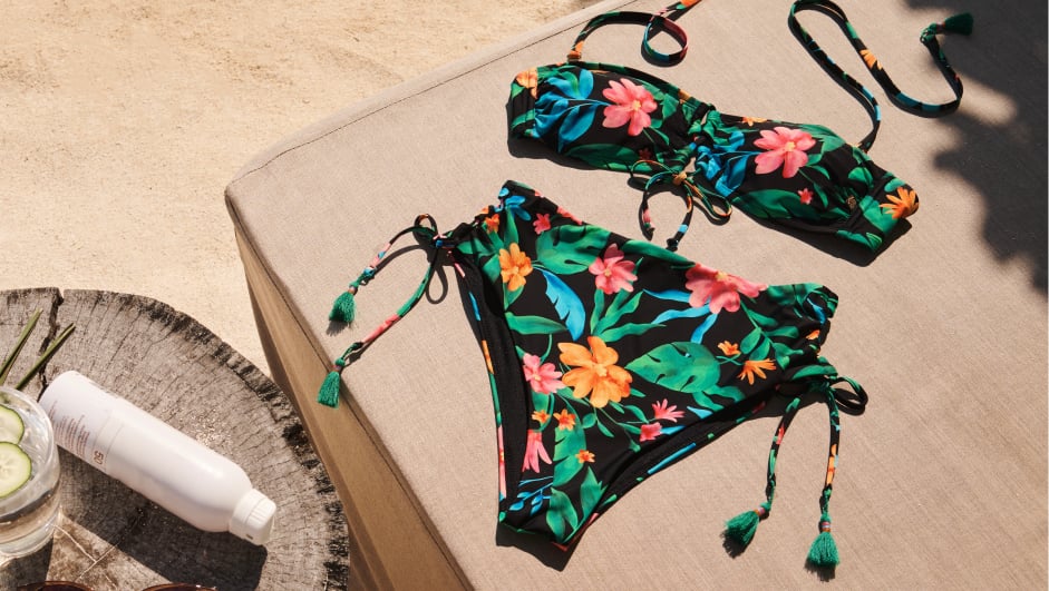 Floral bikini swimsuit drying flat