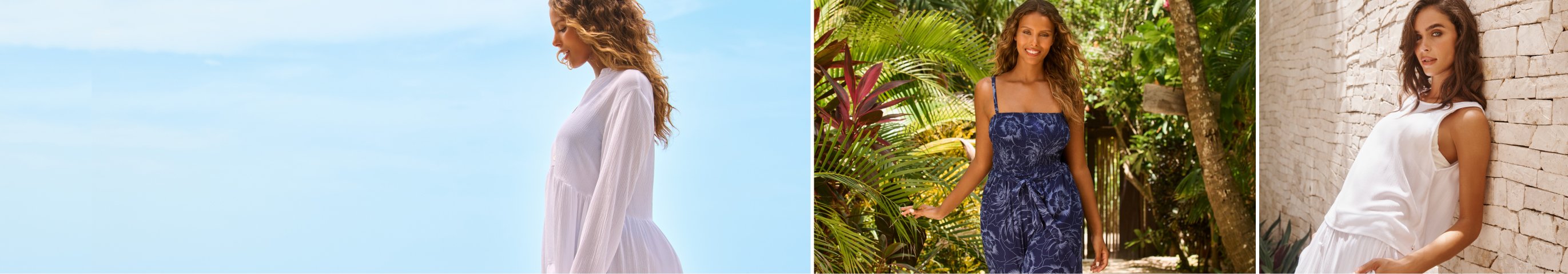 Collage of three models in beachwear: white dress, navy jumpsuit, white short-sleeve top with white pants.