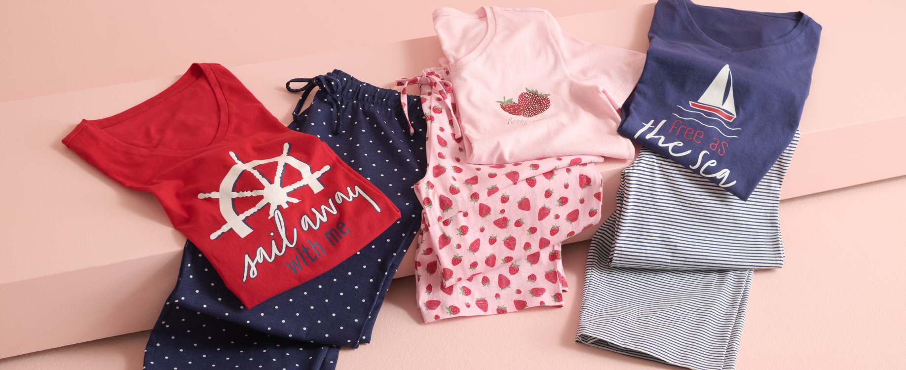 folded sets—blue, green with flamingos, pink with watermelon