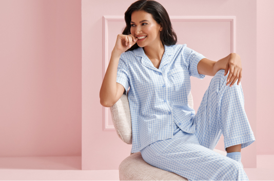 Model wearing a red bra.