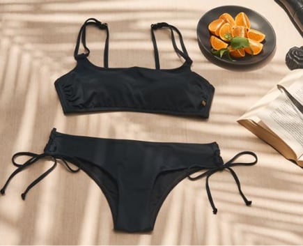 Black bikini laid flat.