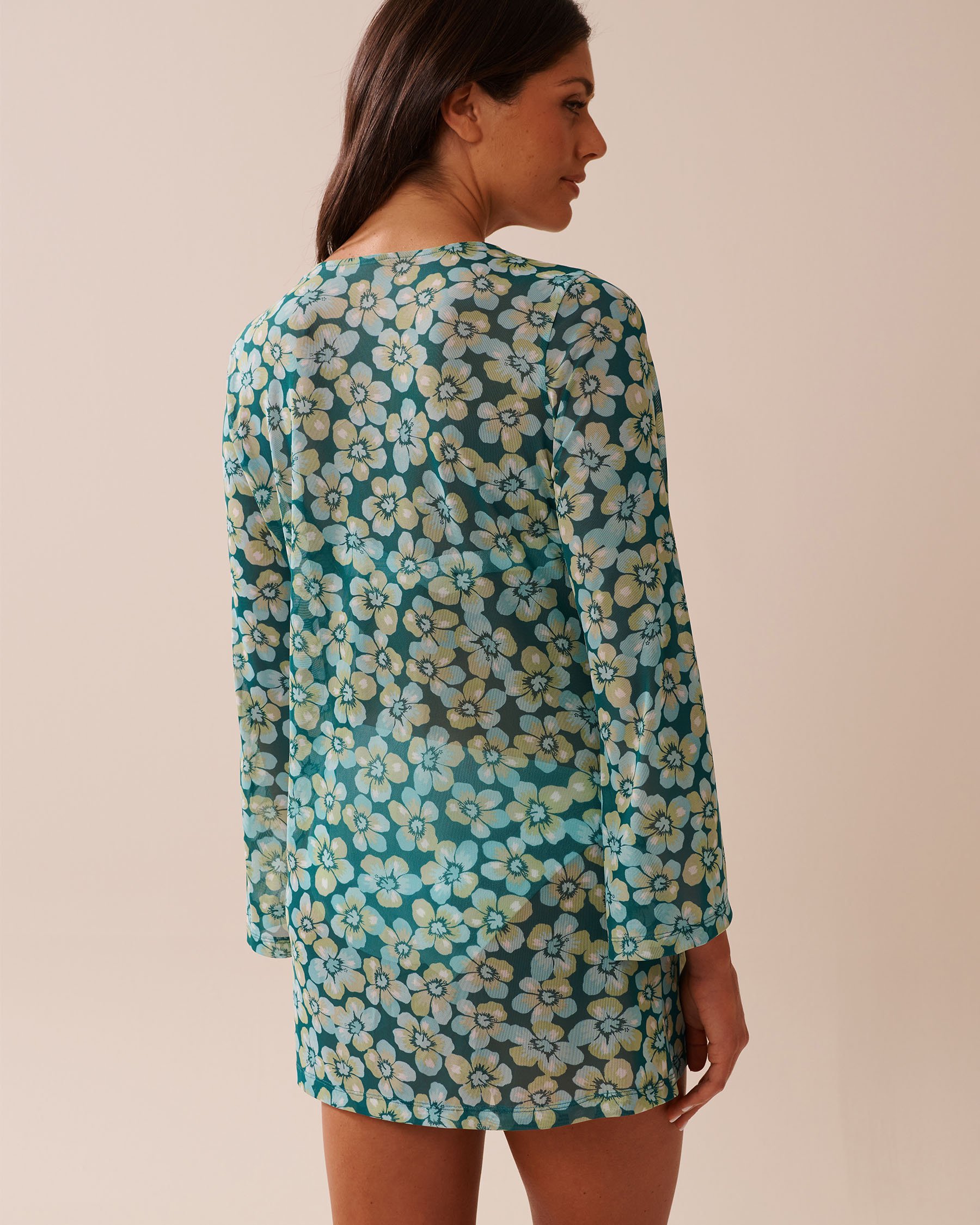 LA VIE EN ROSE AQUA Floral Mesh Long Sleeve Tunic Aqua Flora 80400068 - View3