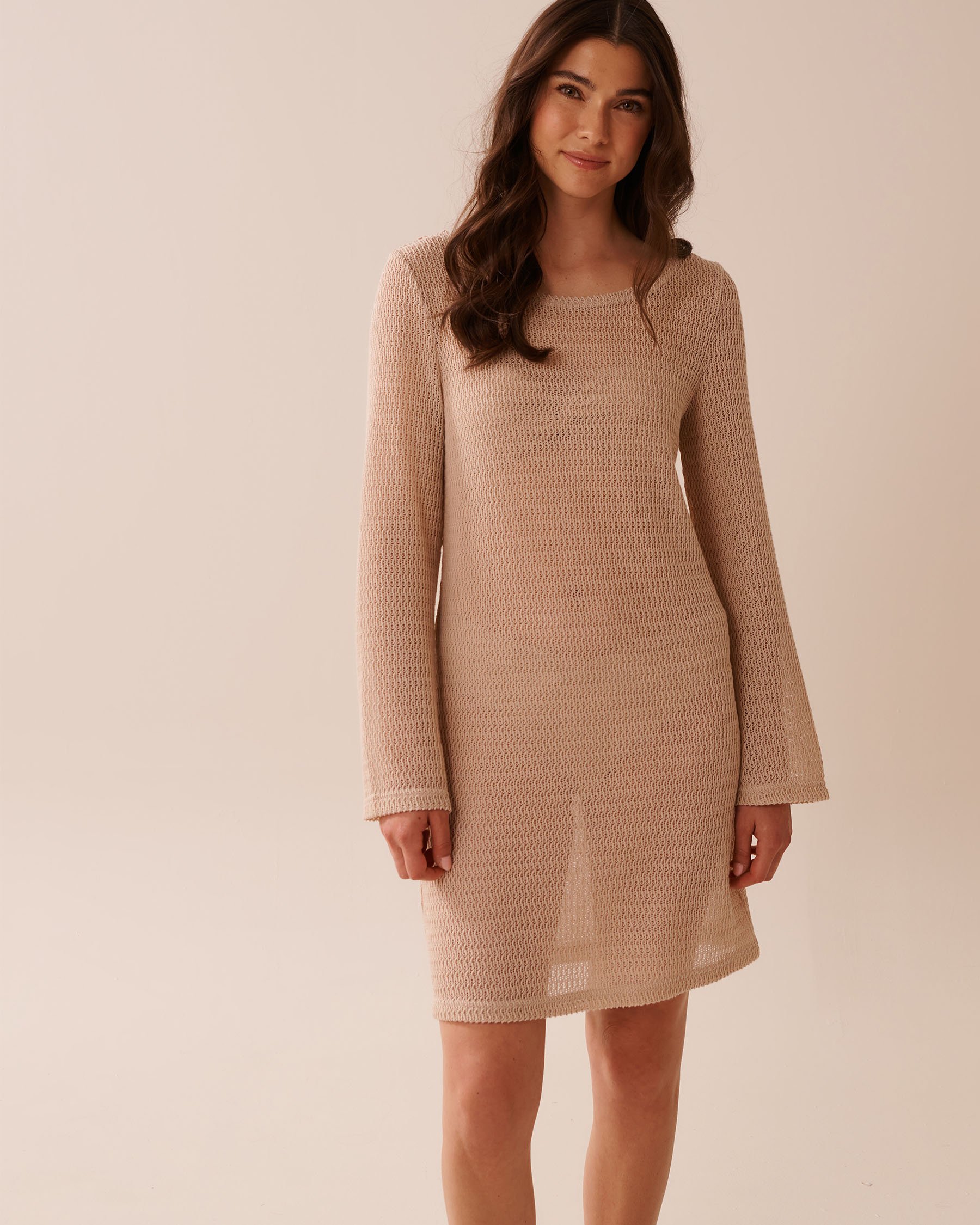 LA VIE EN ROSE AQUA Long Sleeve Crochet Tunic Warm Sand 80400069 - View1