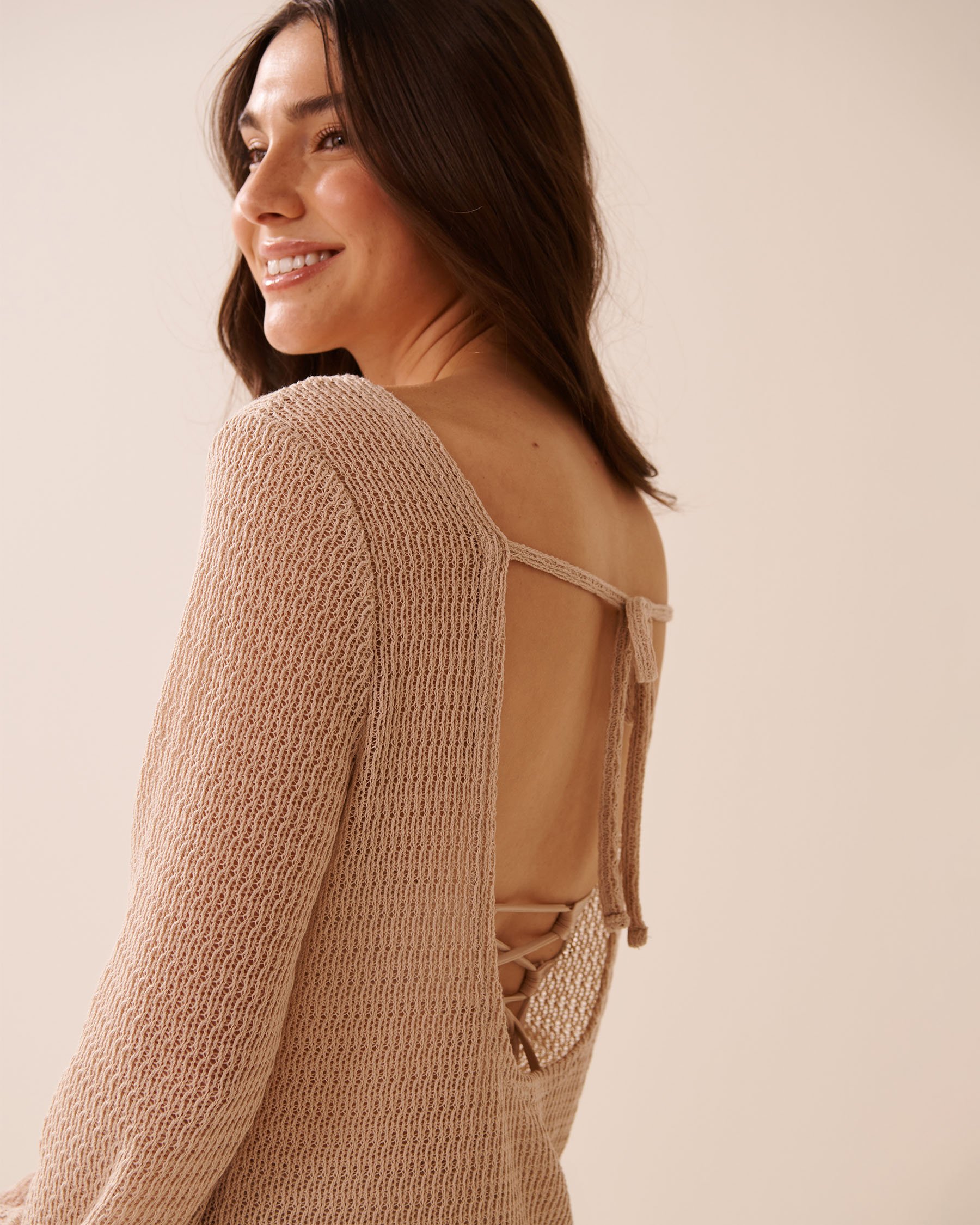 LA VIE EN ROSE AQUA Long Sleeve Crochet Tunic Warm Sand 80400069 - View3