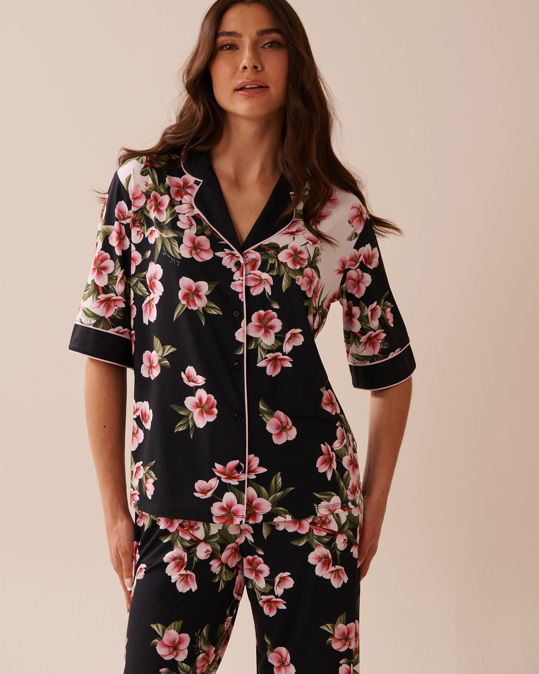LA VIE EN ROSE Cherry Blossom Print Recycled Fibers 3/4 Sleeve Button-down Shirt Cherry Blossom 60100146 - View1