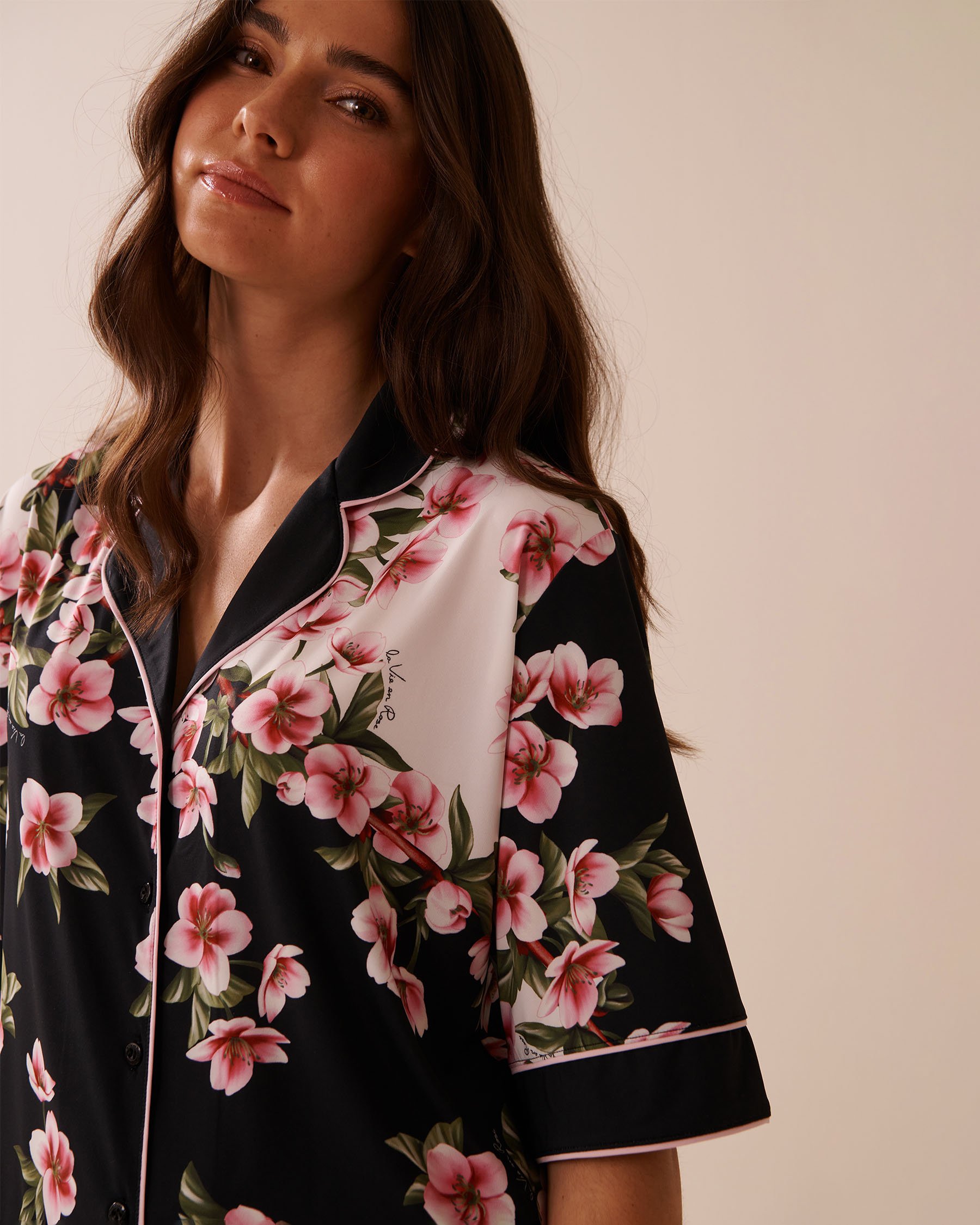 LA VIE EN ROSE Cherry Blossom Print Recycled Fibers 3/4 Sleeve Button-down Shirt Cherry Blossom 60100146 - View4