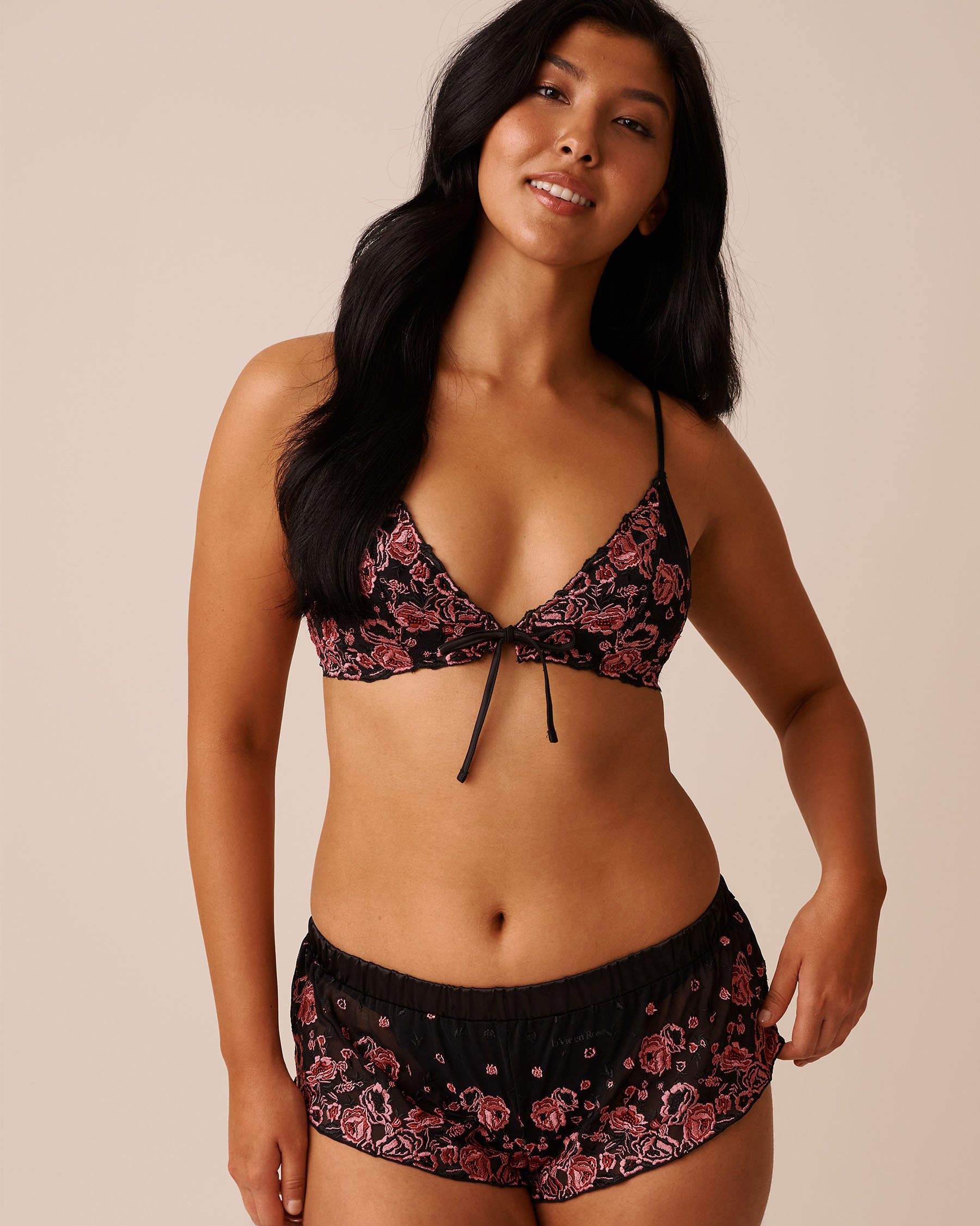 LA VIE EN ROSE Embroidered Mesh 2-piece Set Black & Pink Floral 60400057 - View1