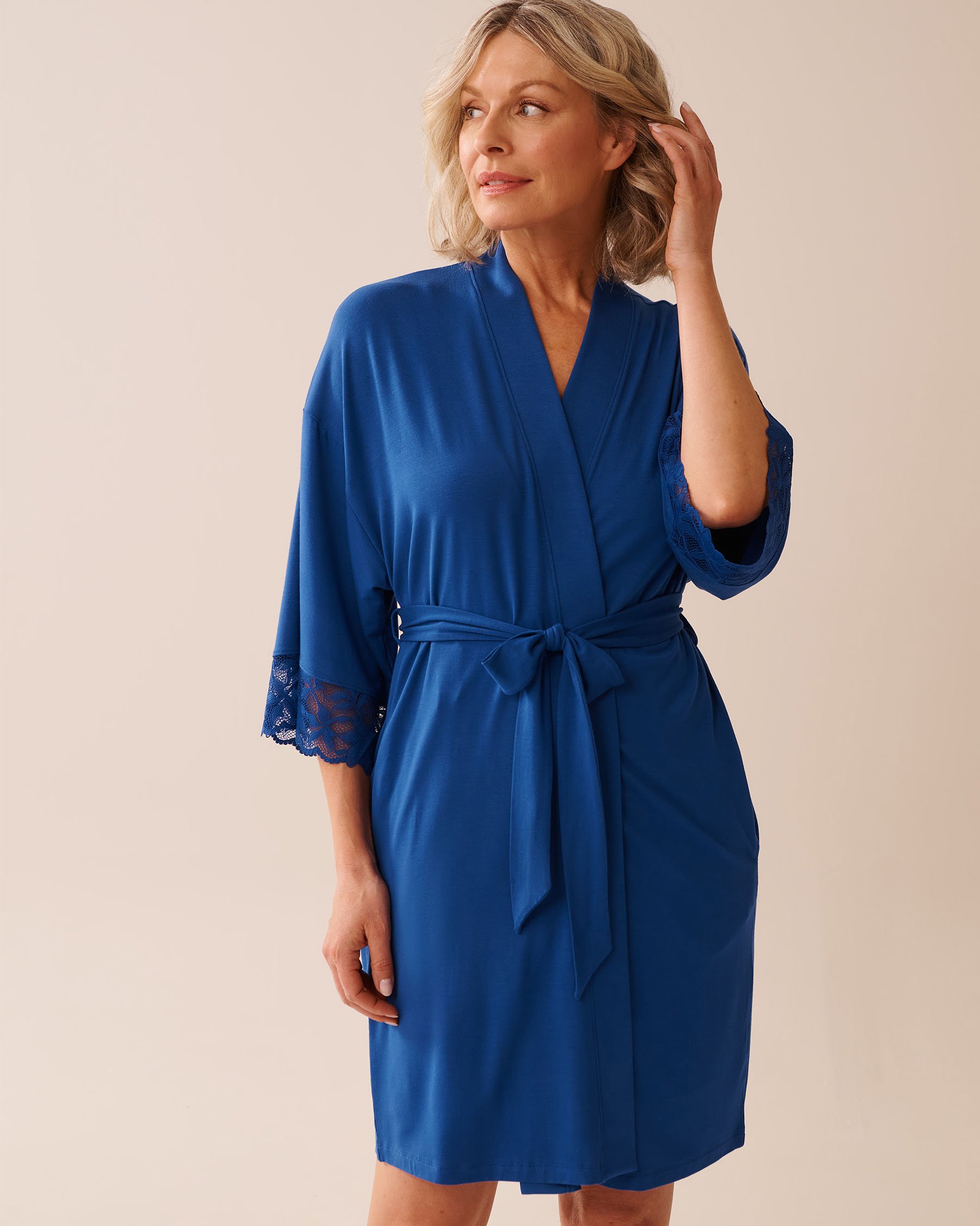 LA VIE EN ROSE Lace Detail Modal Kimono Sapphire Blue 60600100 - View1