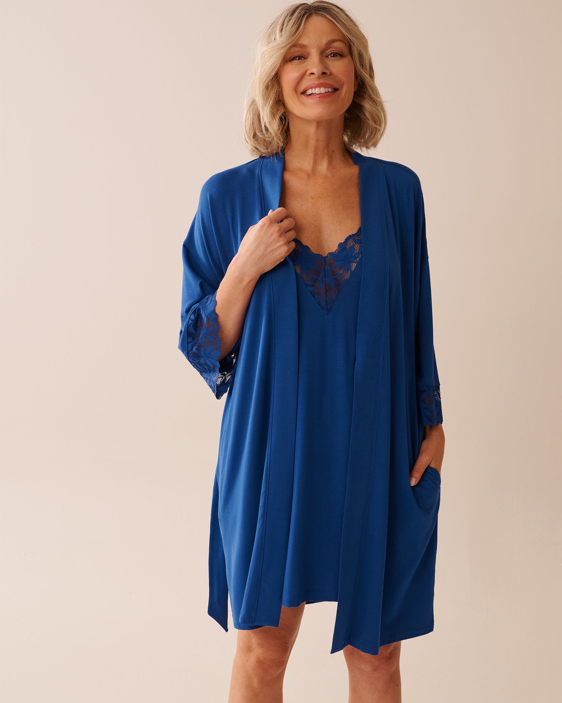 LA VIE EN ROSE Lace Detail Modal Kimono Sapphire Blue 60600100 - View4