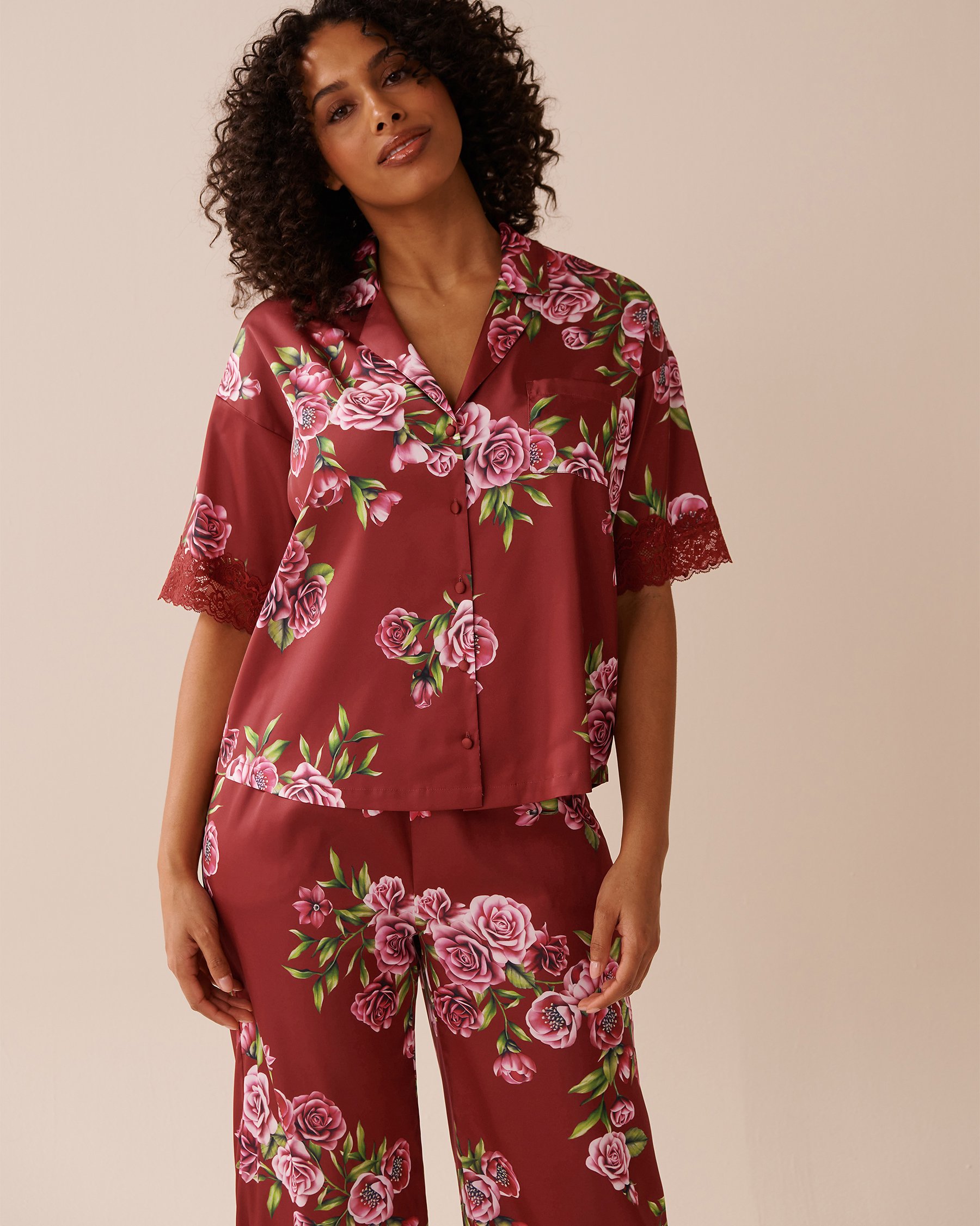 LA VIE EN ROSE Rose Print Satin and Lace Trim Button-down Shirt Red Rose Garden 60100143 - View1