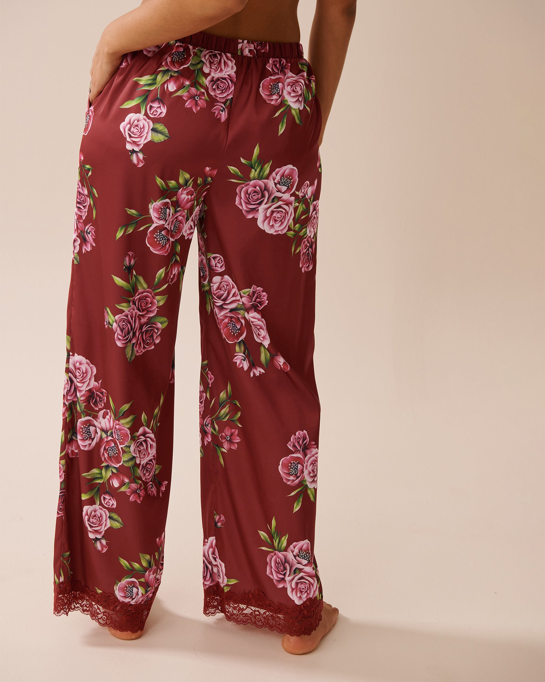 LA VIE EN ROSE Rose Print Satin and Lace Trim Pants Red Rose Garden 60200137 - View2