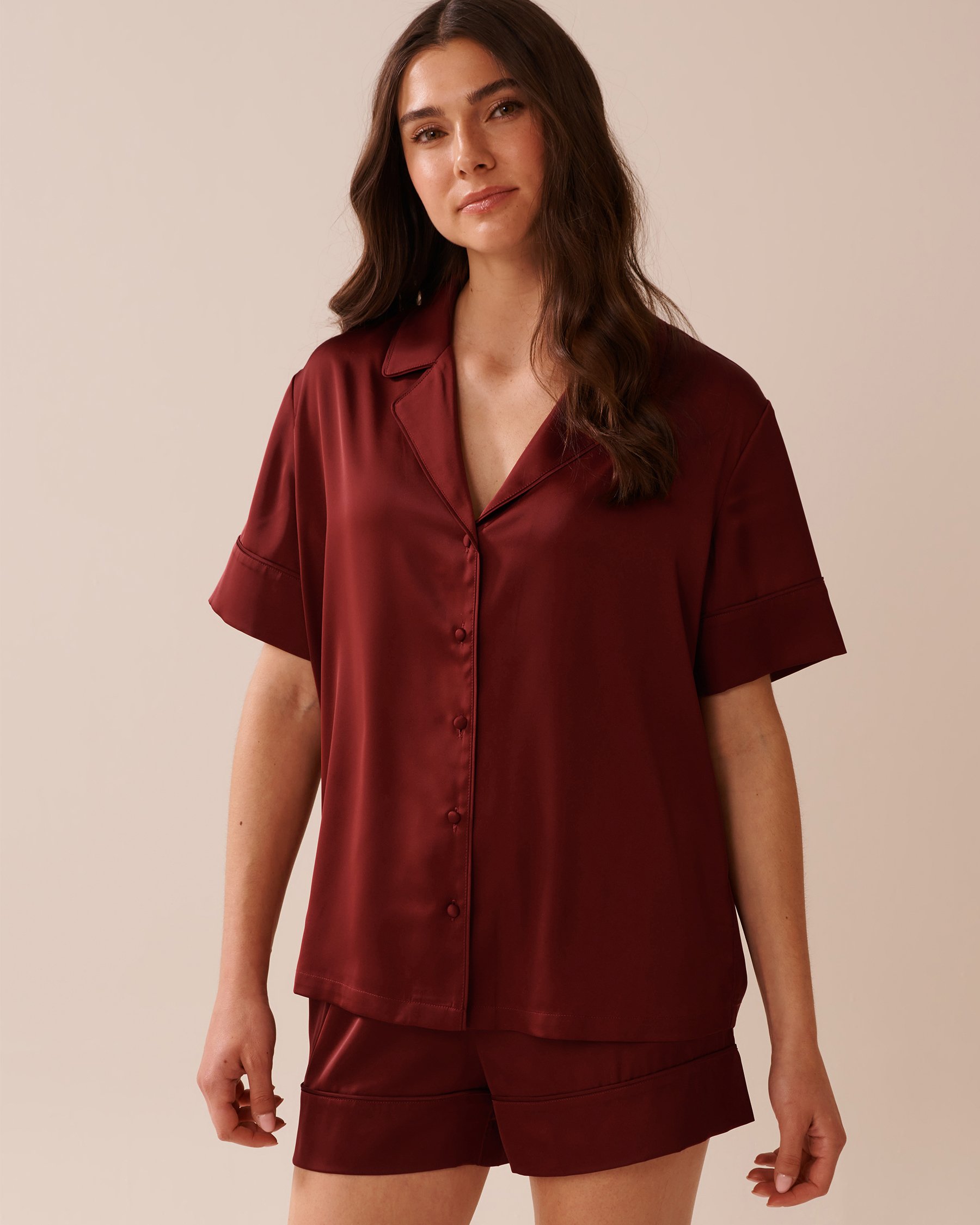 LA VIE EN ROSE Short Sleeve Satin Pajama Set Berry Red 60400058 - View1
