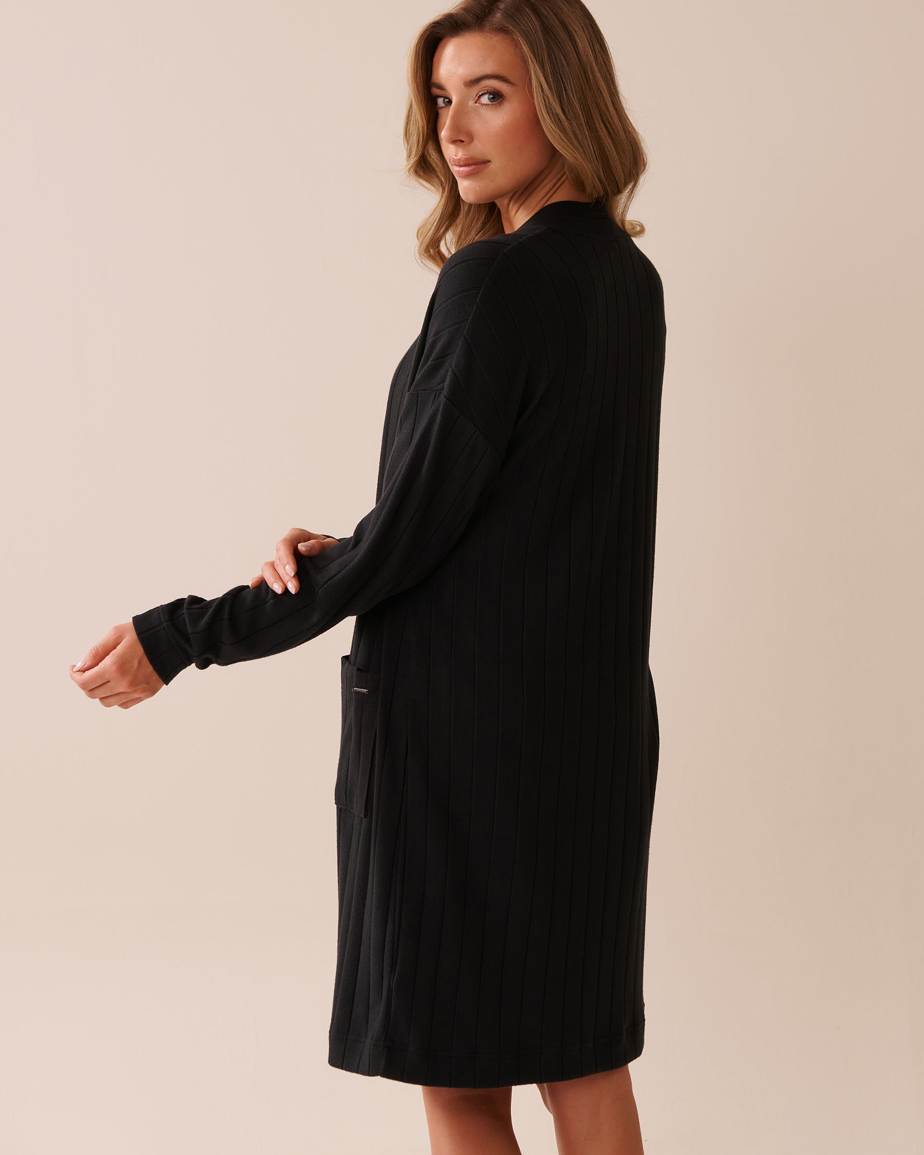 LA VIE EN ROSE Ribbed Long Cardigan Black 50500015 - View2