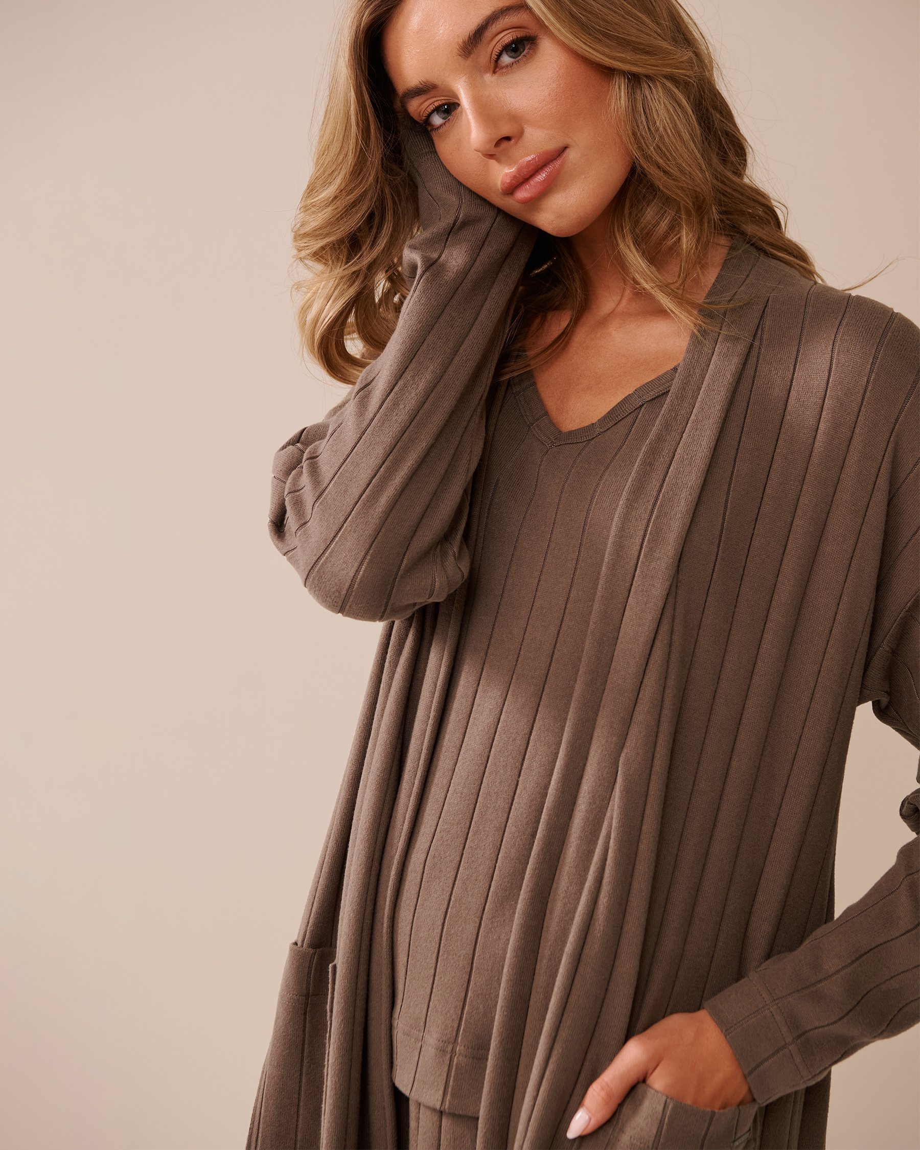 LA VIE EN ROSE Ribbed Long Cardigan Taupe 50500015 - View3
