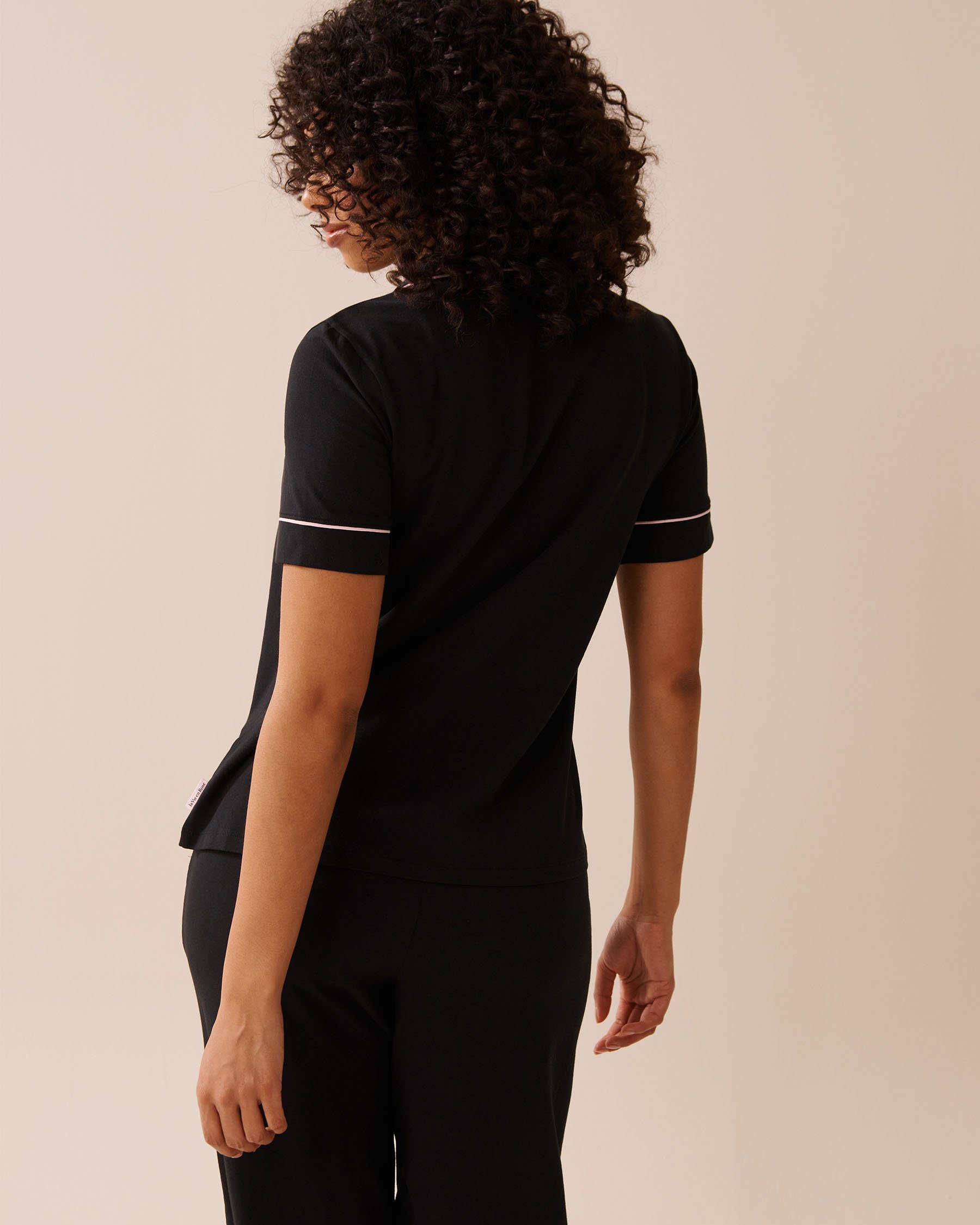 LA VIE EN ROSE Cotton Short Sleeve Button-down Shirt Black 40100765 - View2