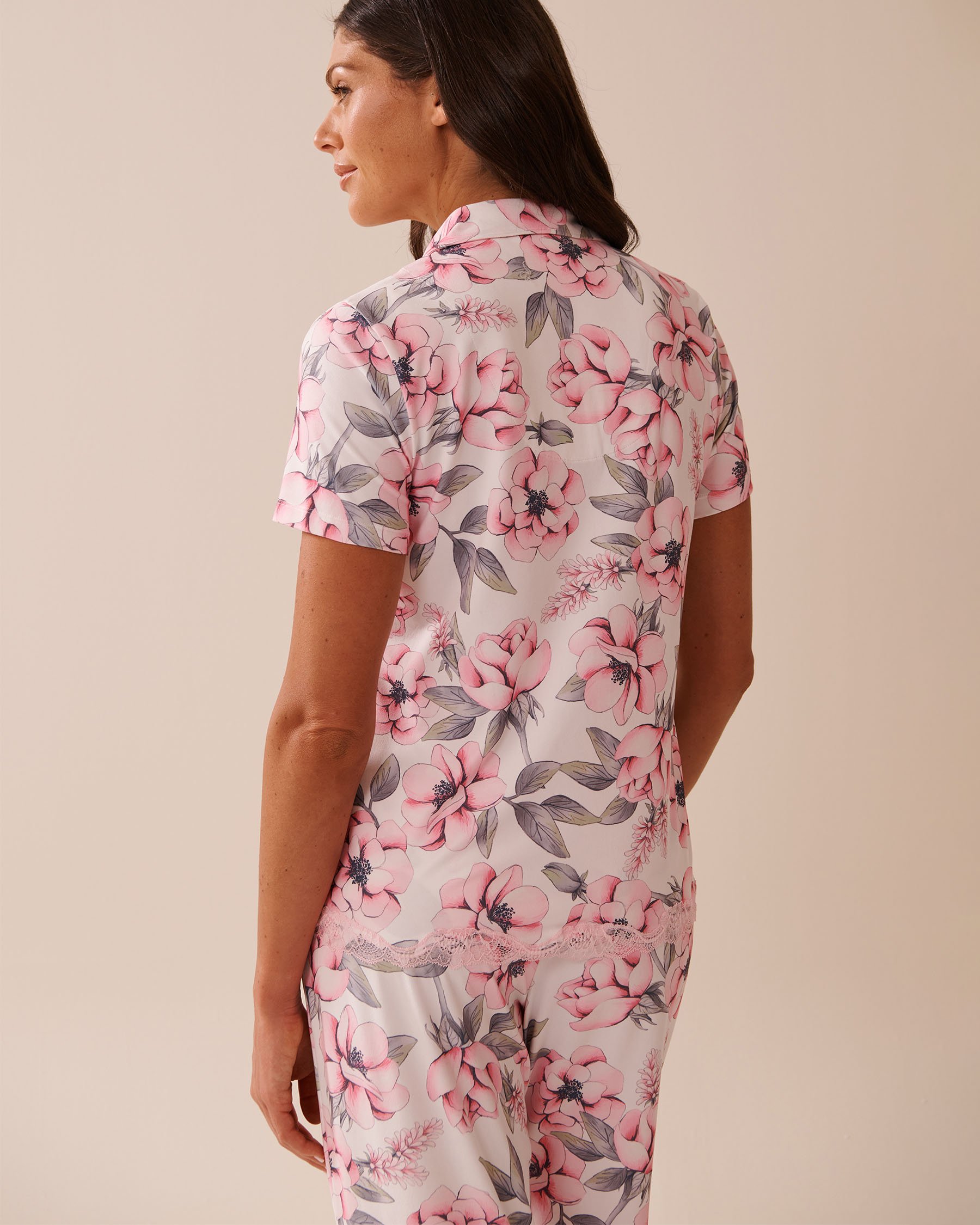 LA VIE EN ROSE Camellia Print Lace Trim Super Soft Button-down Shirt Pink Camellias 40100750 - View2