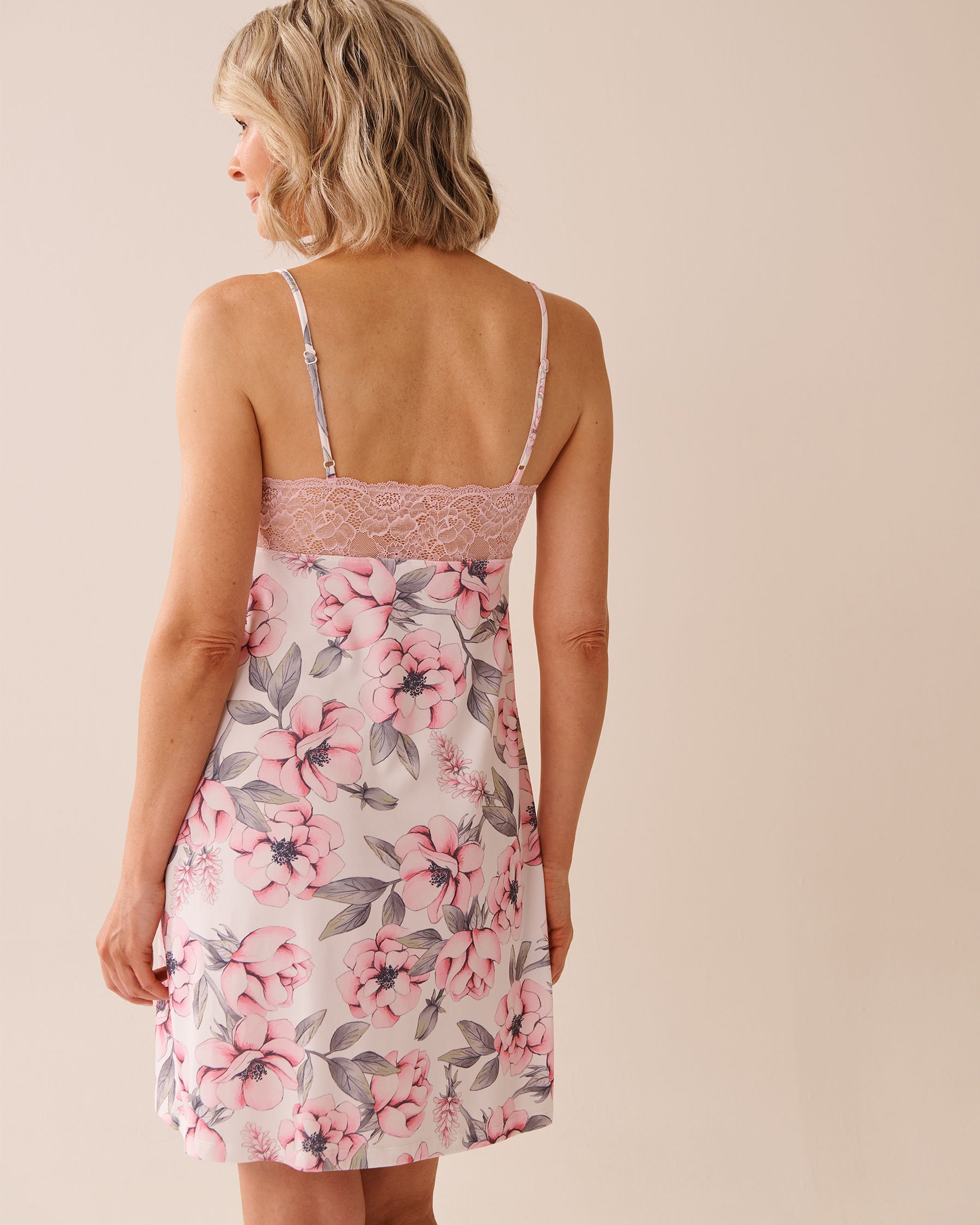 LA VIE EN ROSE Camellia Print Lace Trim Super Soft Nightie Pink Camellias 40500437 - View2