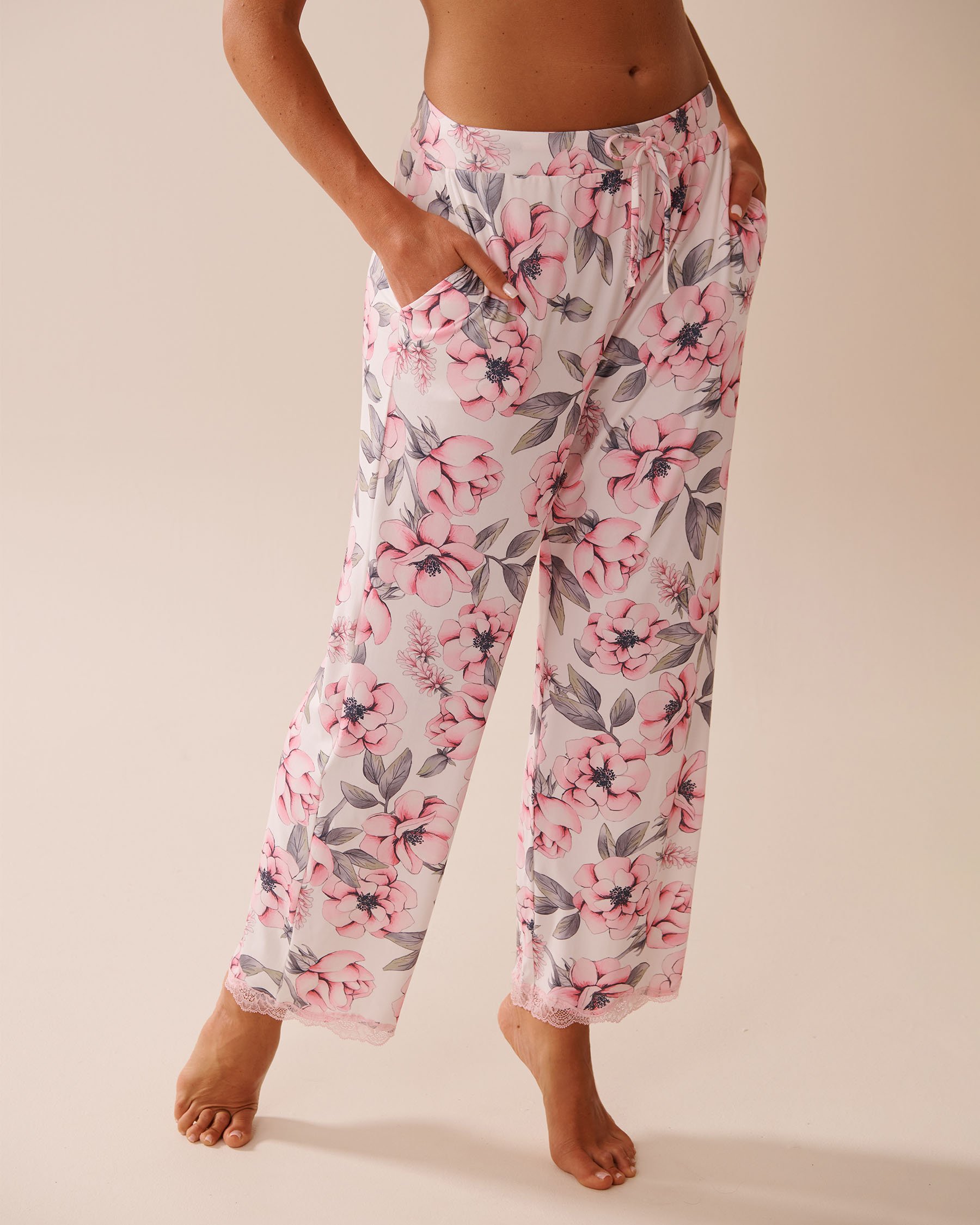 LA VIE EN ROSE Camellia Print Lace Trim Super Soft Pajama Pants Pink Camellias 40200737 - View1