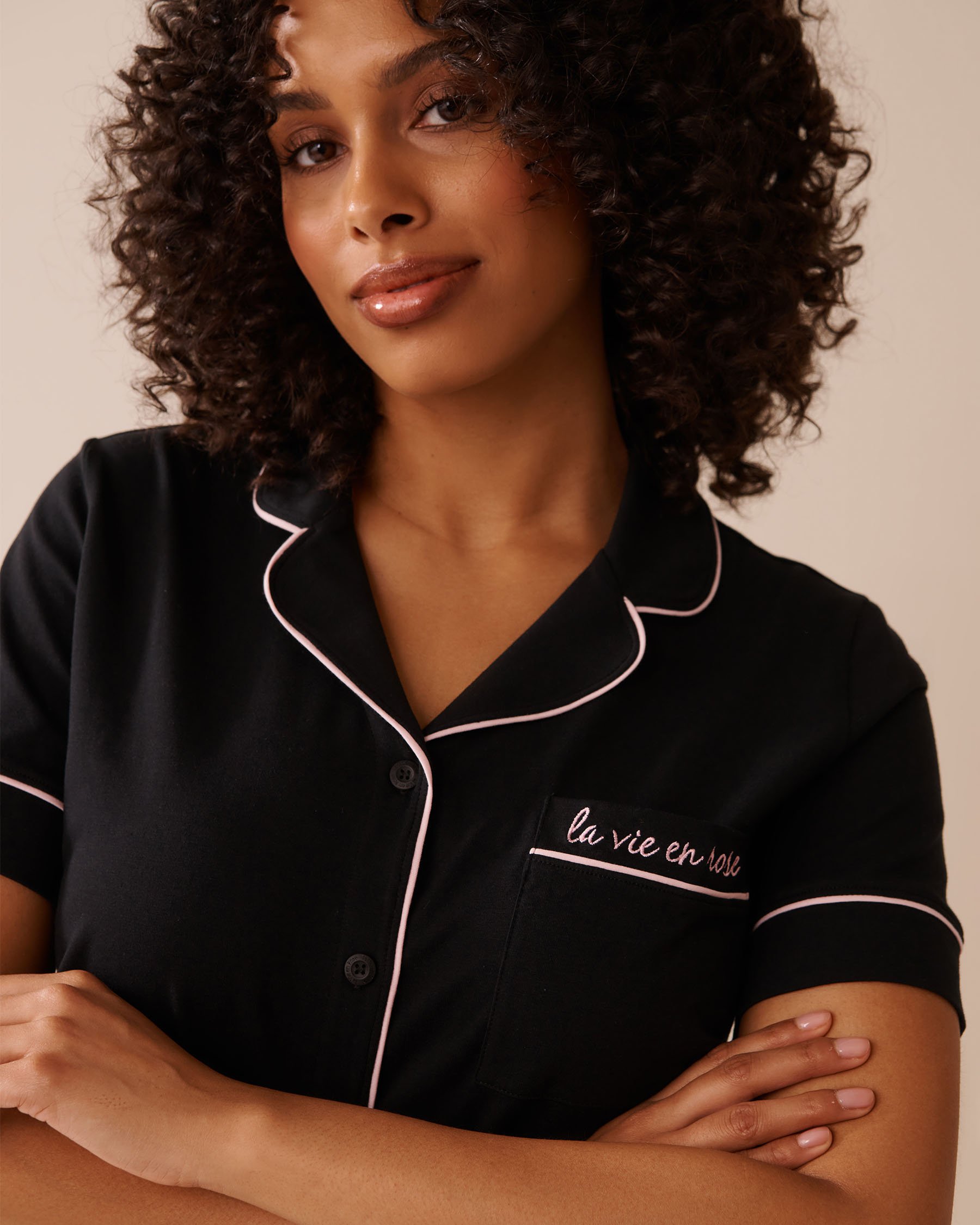 LA VIE EN ROSE Chemisier manches courtes en coton Noir 40100765 - Voir3