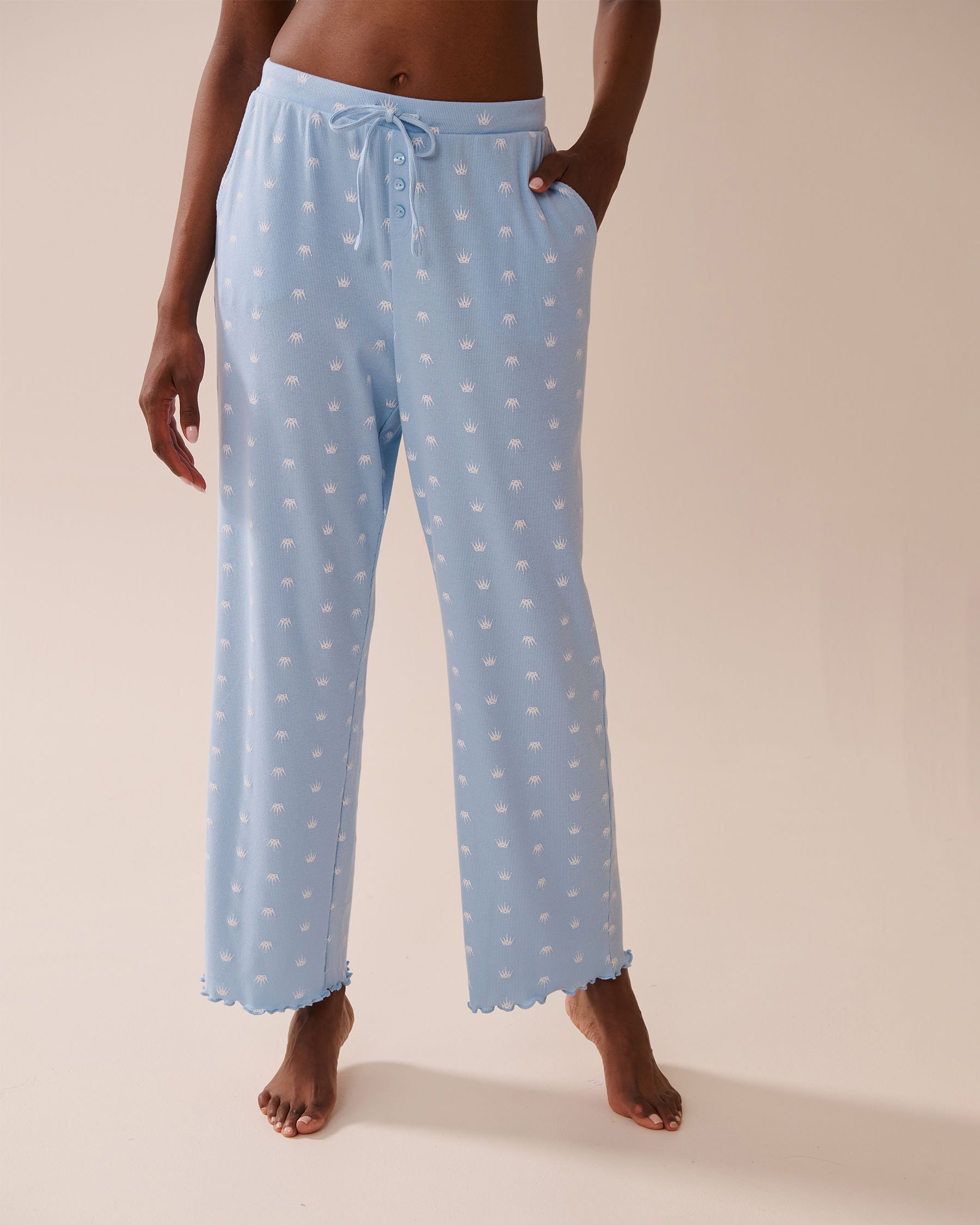 LA VIE EN ROSE Crown Print Ribbed Pajama Pants Baby Blue/Crowns 40200744 - View3