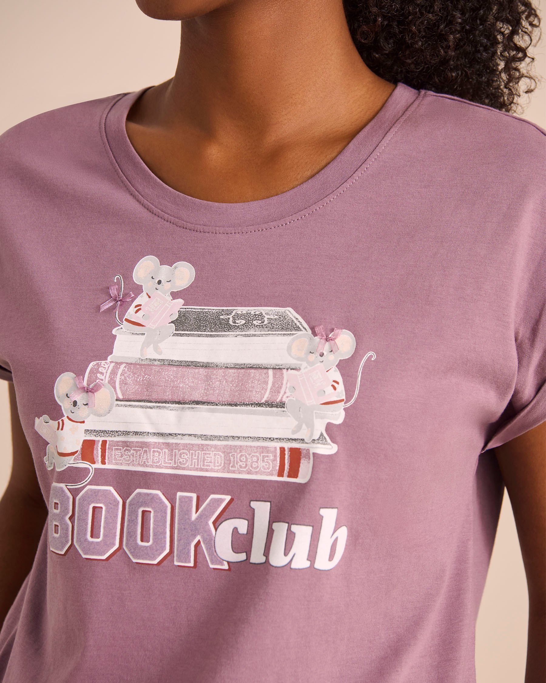 LA VIE EN ROSE Mouse Print Cotton Crew Neck T-shirt Mauve 40100767 - View2