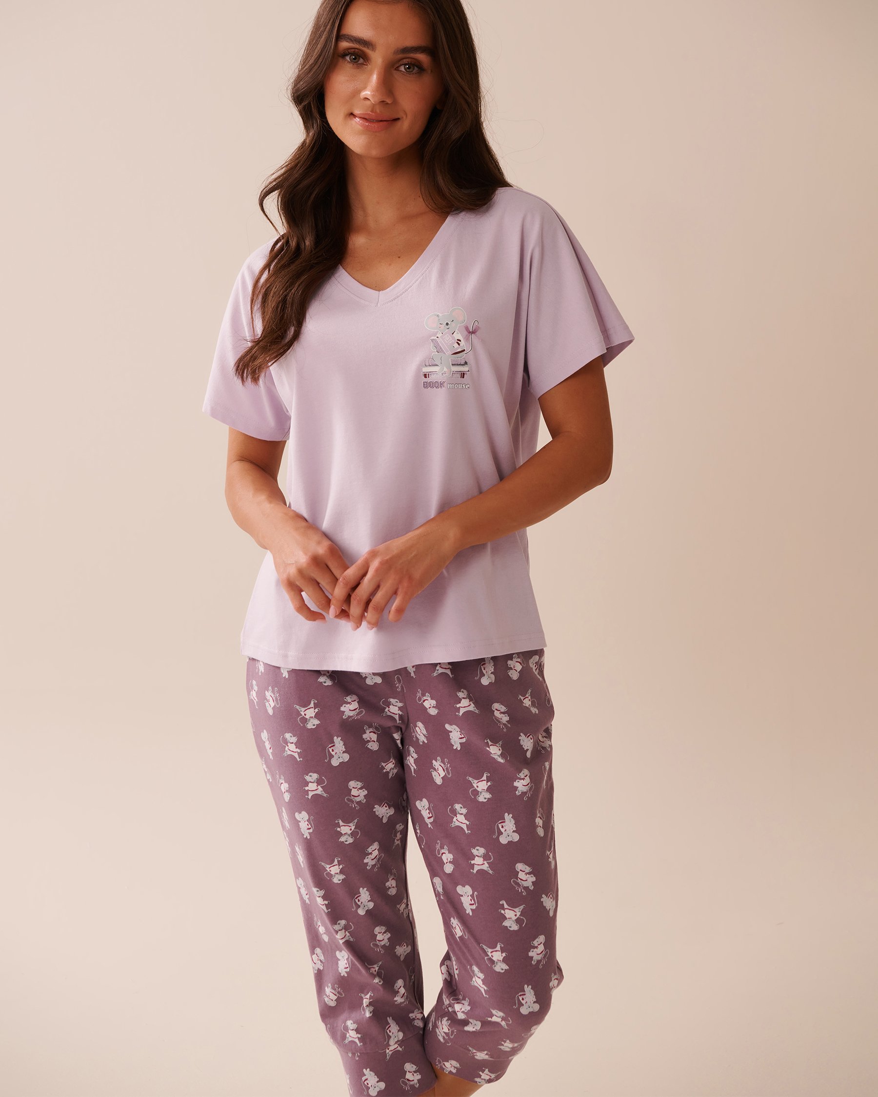 LA VIE EN ROSE Mouse Print Cotton V-neck T-shirt Lavender Frost 40100768 - View1