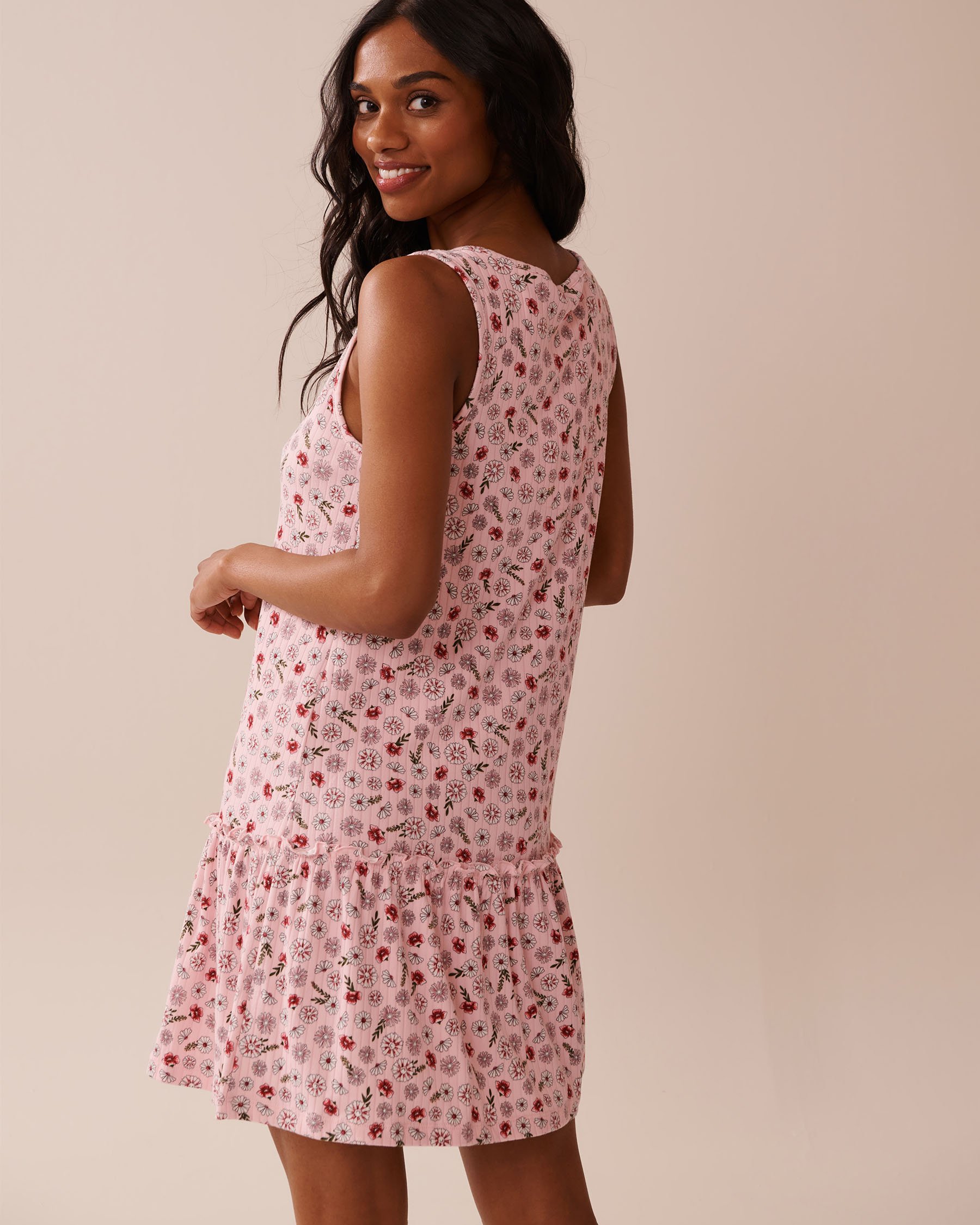 LA VIE EN ROSE Pink Floral Print Ribbed Jersey Nightie Pink Meadow 40500440 - View2