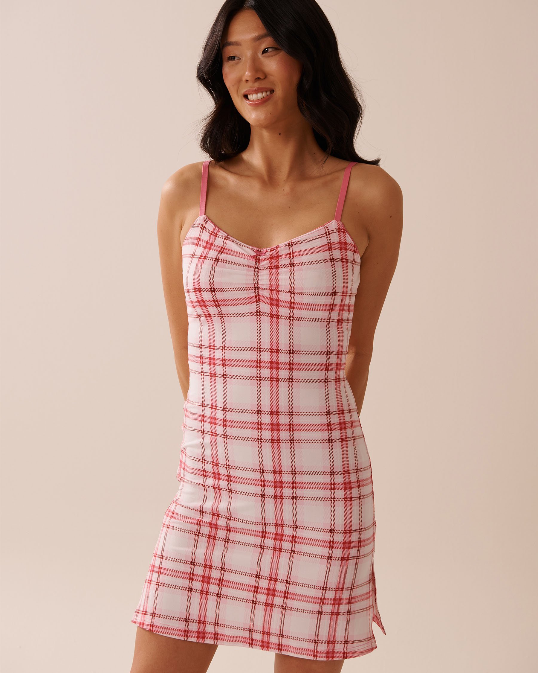 LA VIE EN ROSE Pink Plaid Super Soft Nightie with Shelf Bra Pink Plaid 40500438 - View1