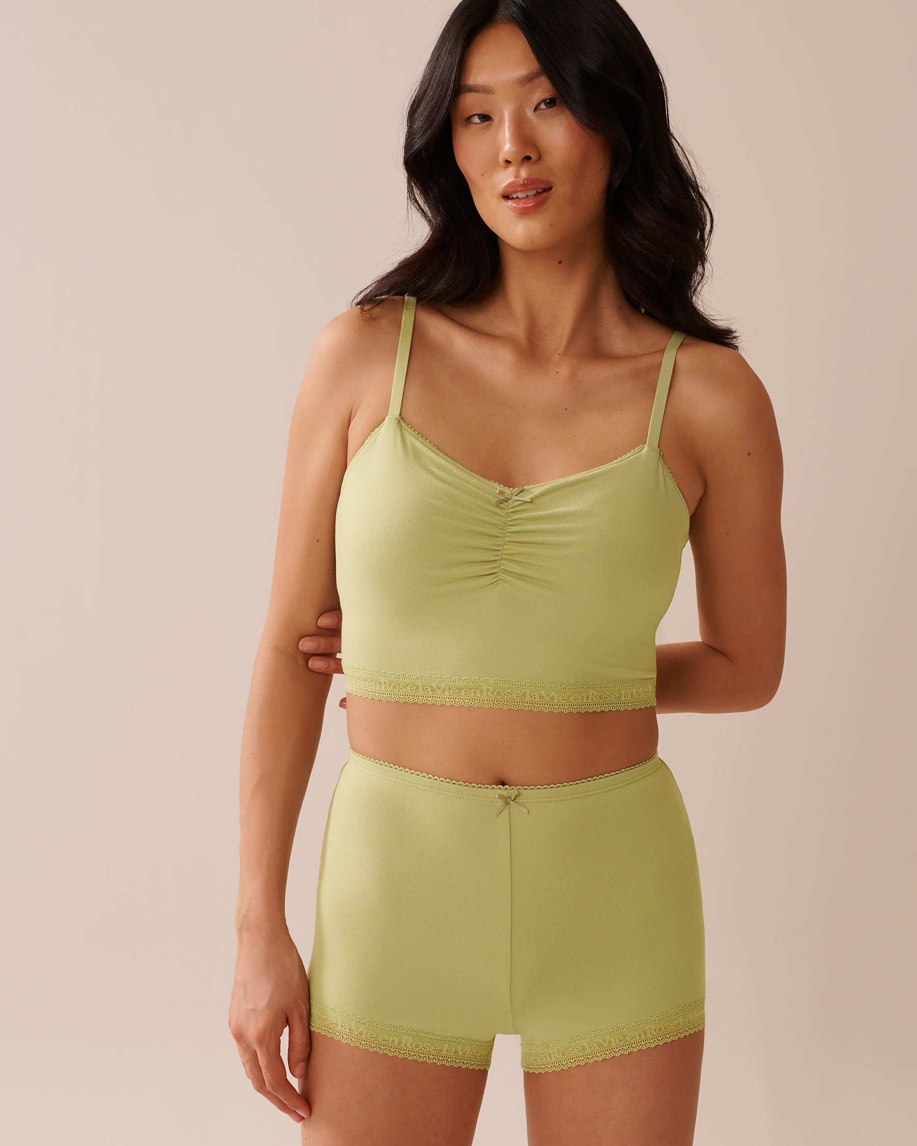 LA VIE EN ROSE Super Soft Lace Trim Crop Cami with Shelf Bra Honeydew Green 40100754 - View1