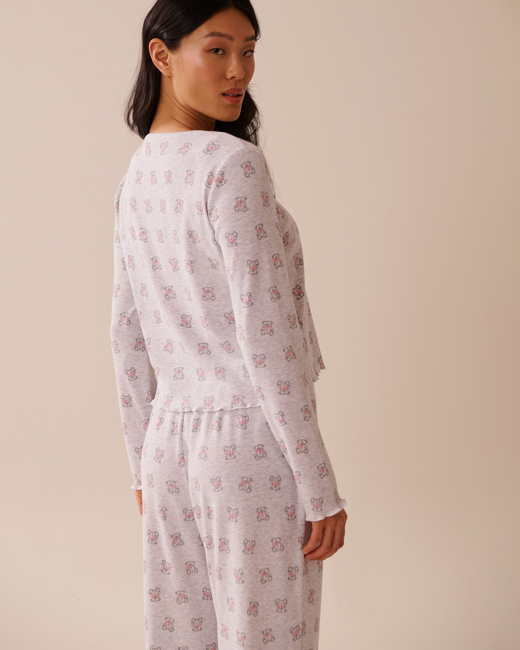 LA VIE EN ROSE Teddy Bear Print Ribbed Long Sleeve Shirt Grey/Teddy Bears 40100759 - View2