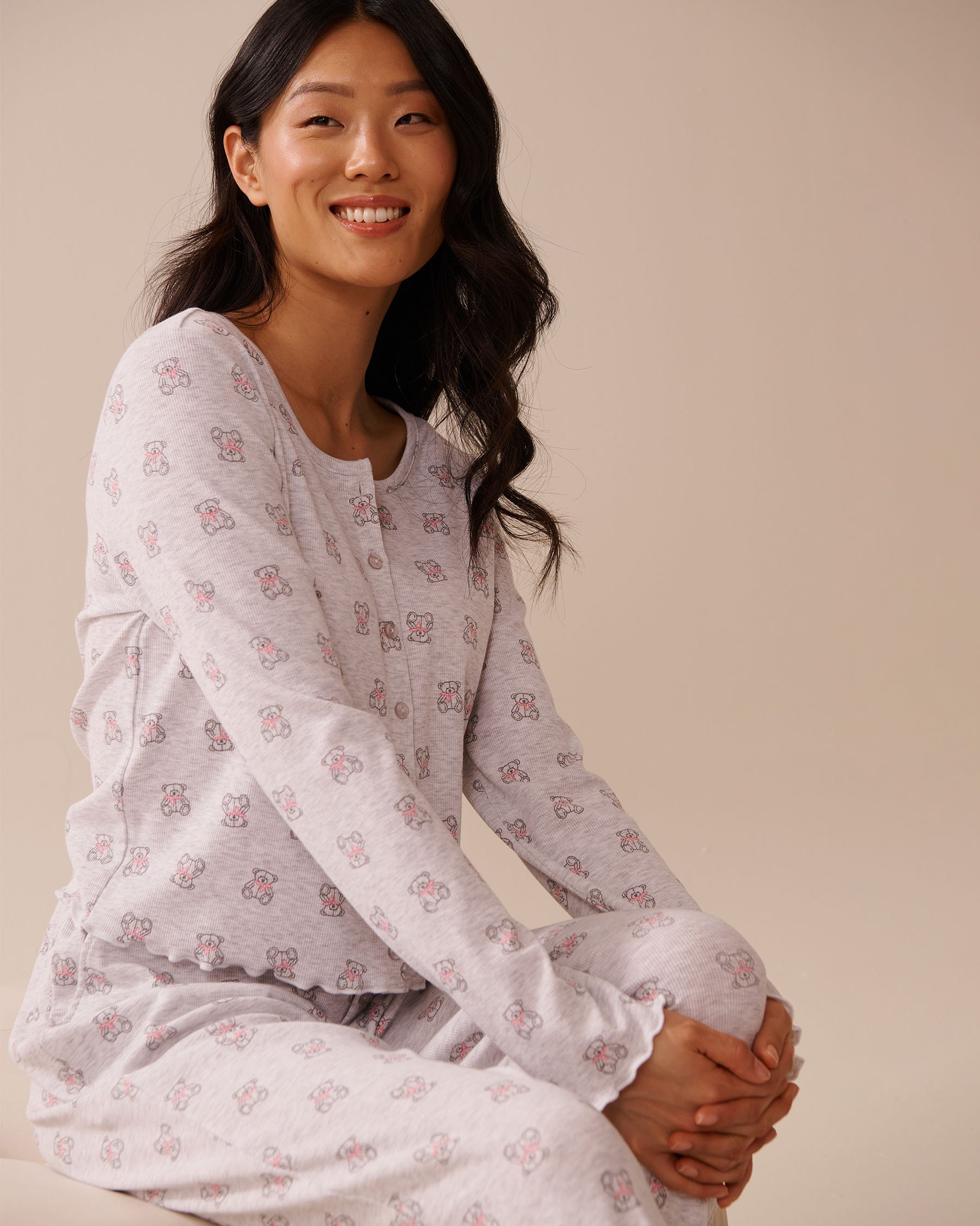 LA VIE EN ROSE Teddy Bear Print Ribbed Long Sleeve Shirt Grey/Teddy Bears 40100759 - View3