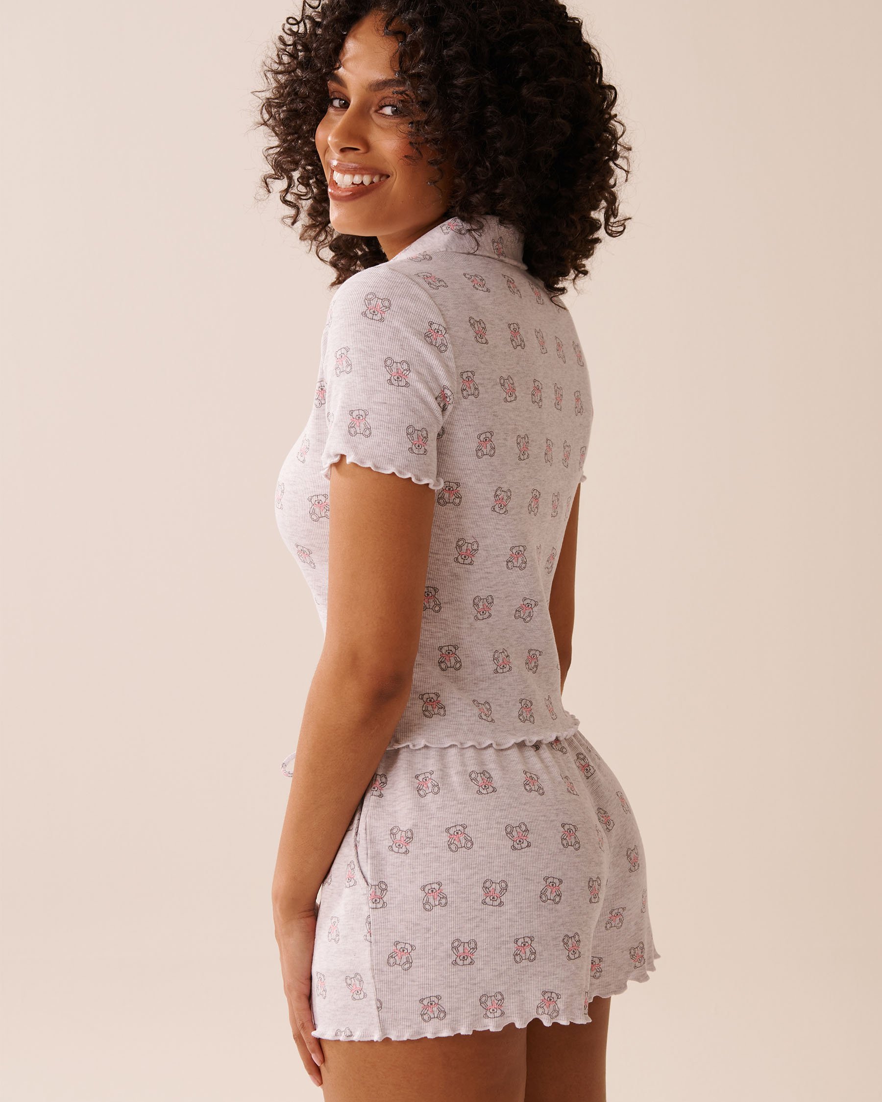 LA VIE EN ROSE Teddy Bear Print Ribbed Short Sleeve Button-down Shirt Grey/Teddy Bears 40100758 - View2