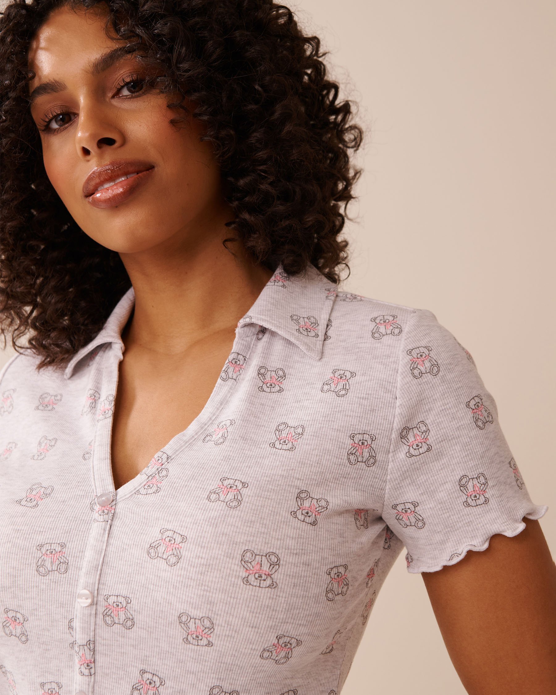 LA VIE EN ROSE Teddy Bear Print Ribbed Short Sleeve Button-down Shirt Grey/Teddy Bears 40100758 - View3