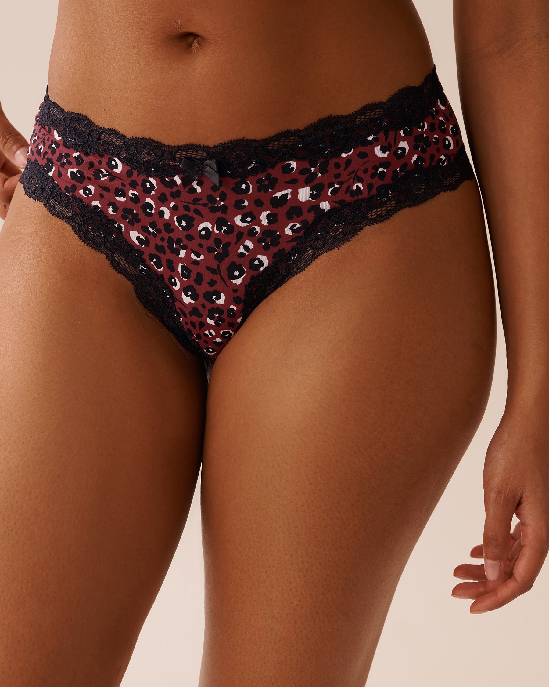 LA VIE EN ROSE Microfiber and Lace Trim Cheeky Panty Red Leopard 20200674 - View1