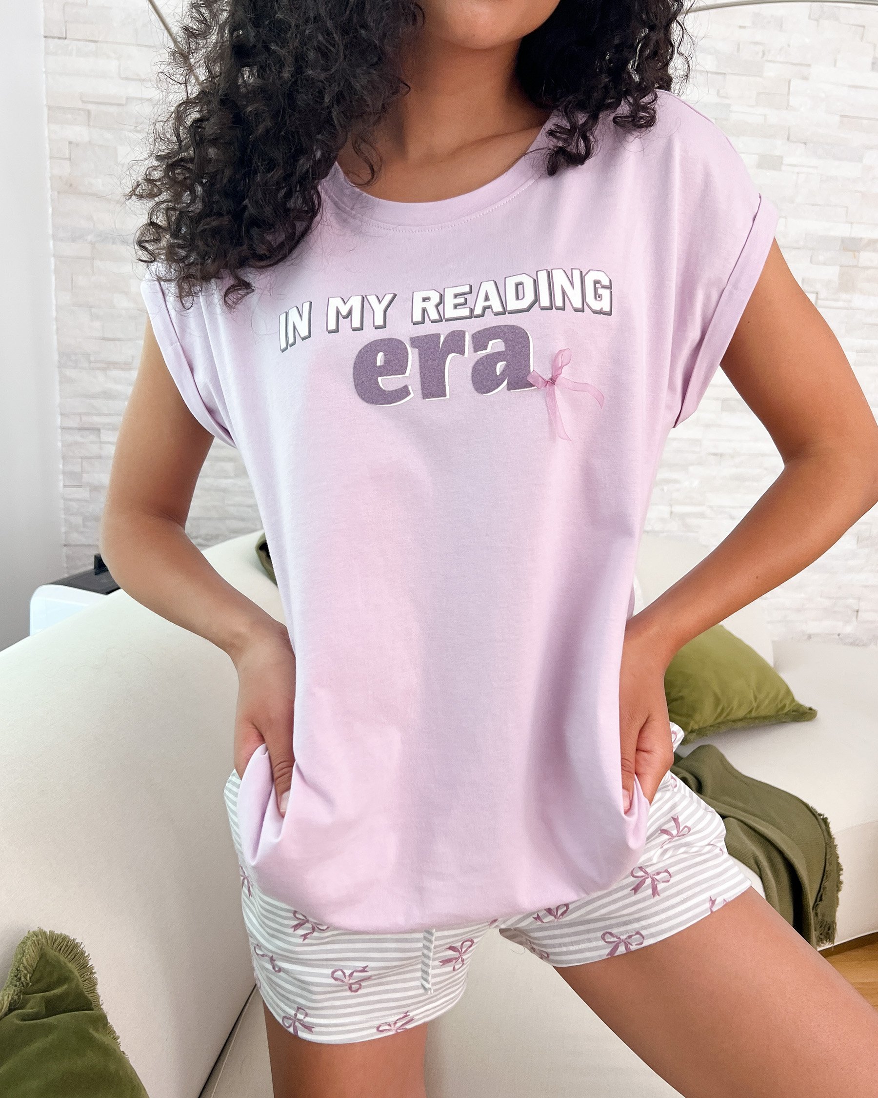 LA VIE EN ROSE Bow Print Cotton Crew Neck T-shirt Lavender Frost 40100767 - View4