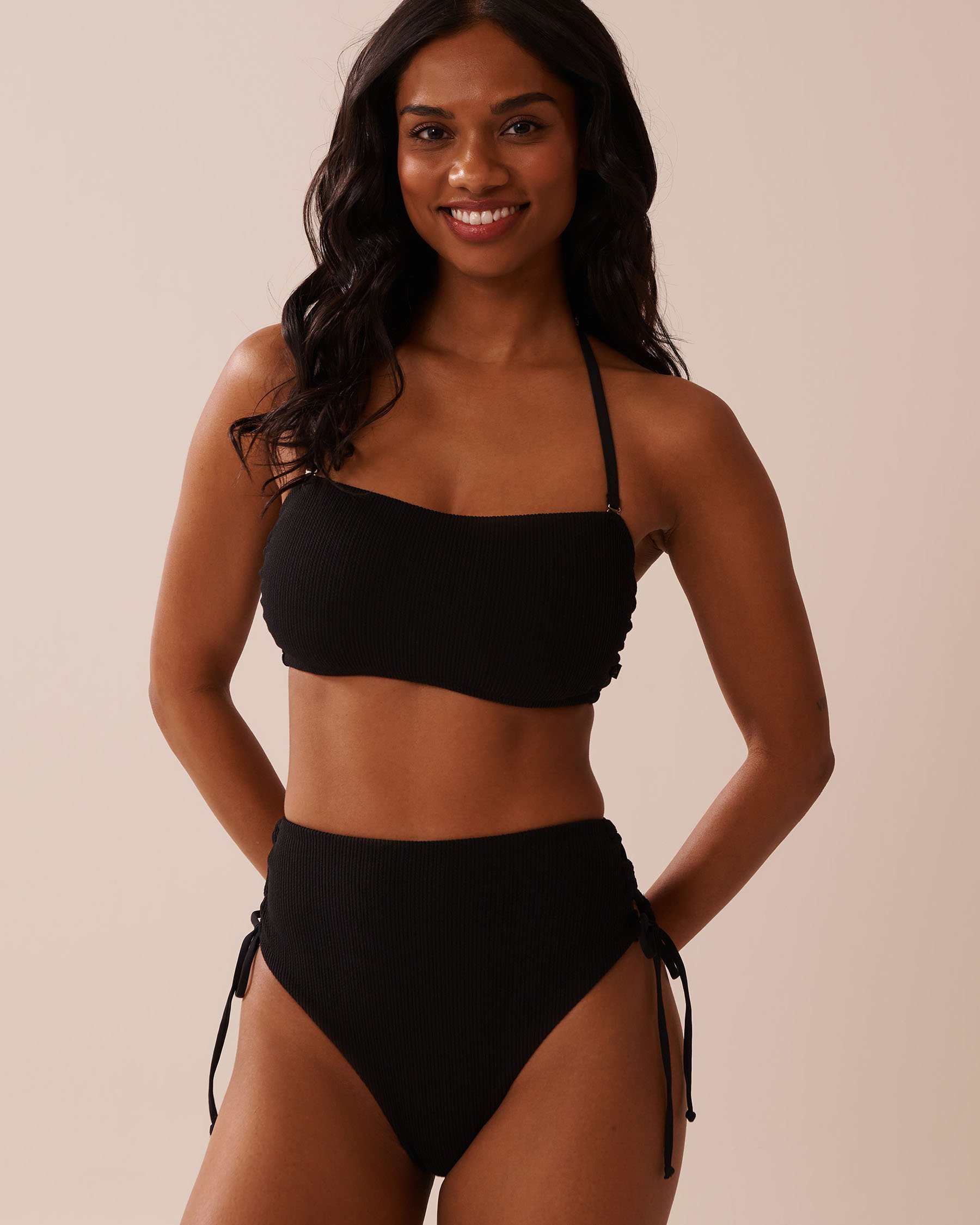 LA VIE EN ROSE AQUA Bas de bikini cheeky taille haute texturé SOLID Noir 70300764 - Voir3