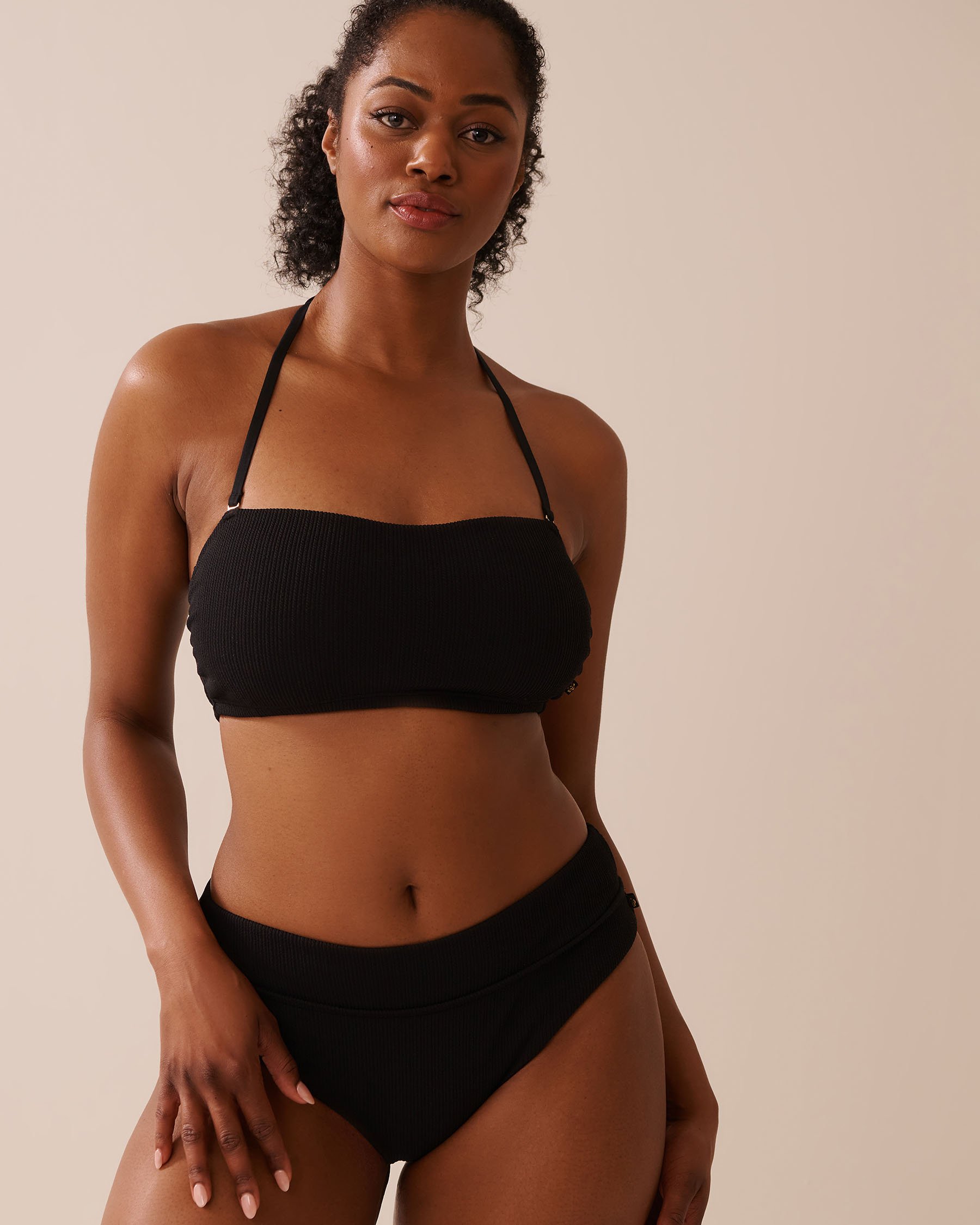 LA VIE EN ROSE AQUA Bas de bikini brésilien taille mi-haute texturé SOLID Noir 70300765 - Voir3