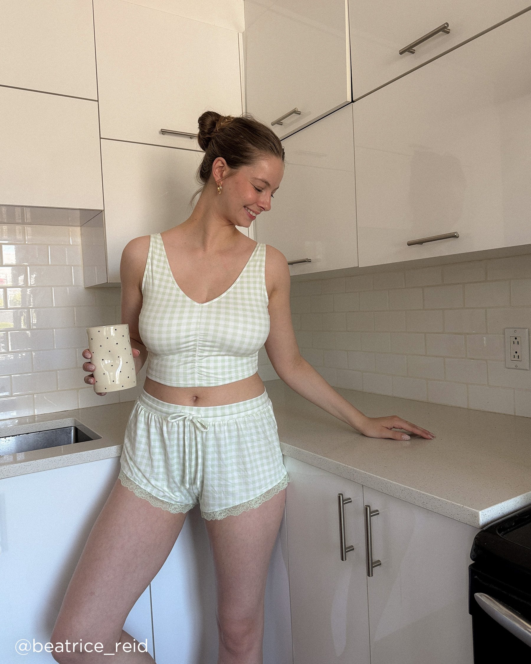 LA VIE EN ROSE Gingham Print Lace Trim Super Soft Pajama Shorts Green Gingham 40200724 - View4