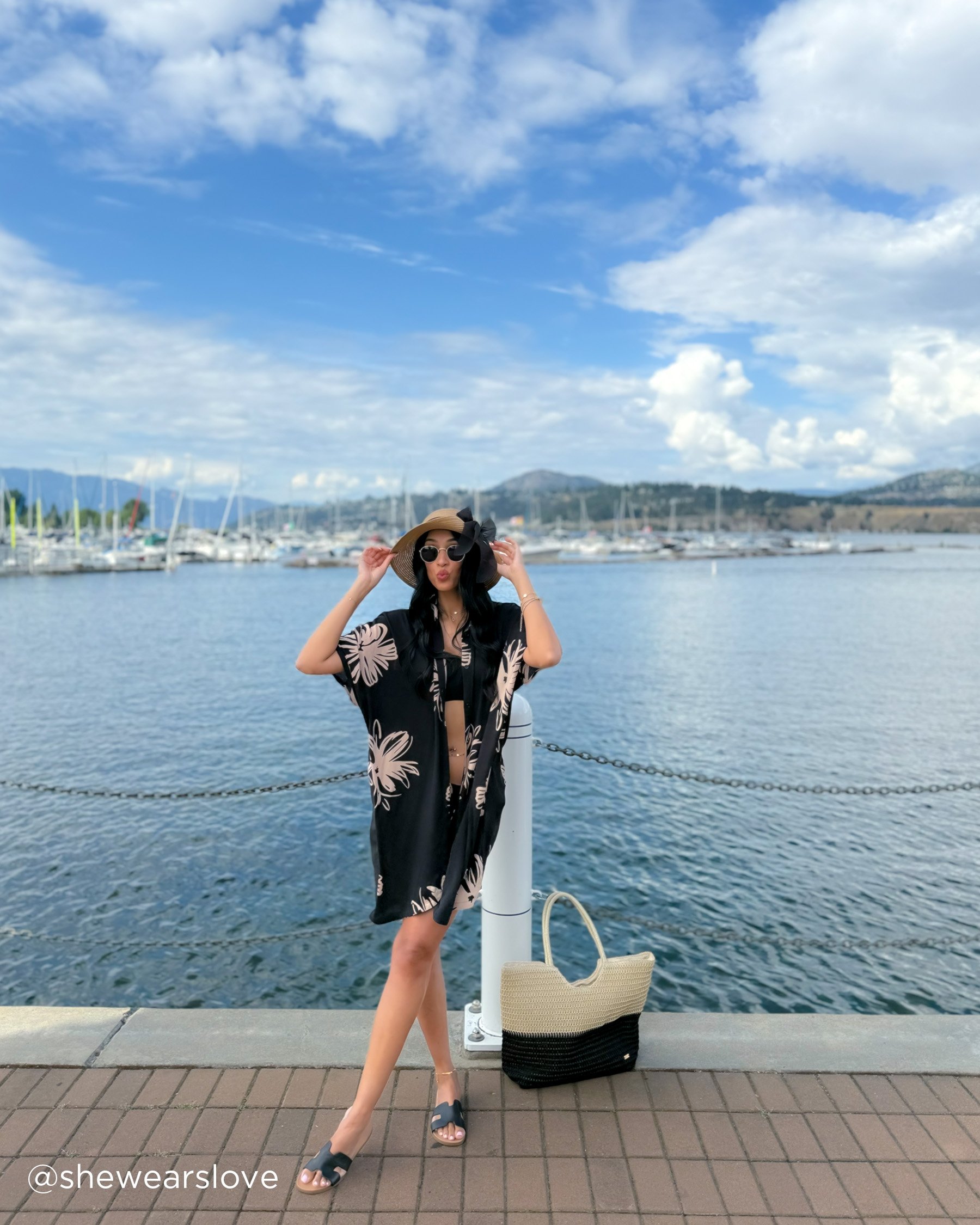 LA VIE EN ROSE AQUA Long Gauze Shirt Black Hibiscus 80100035 - View6